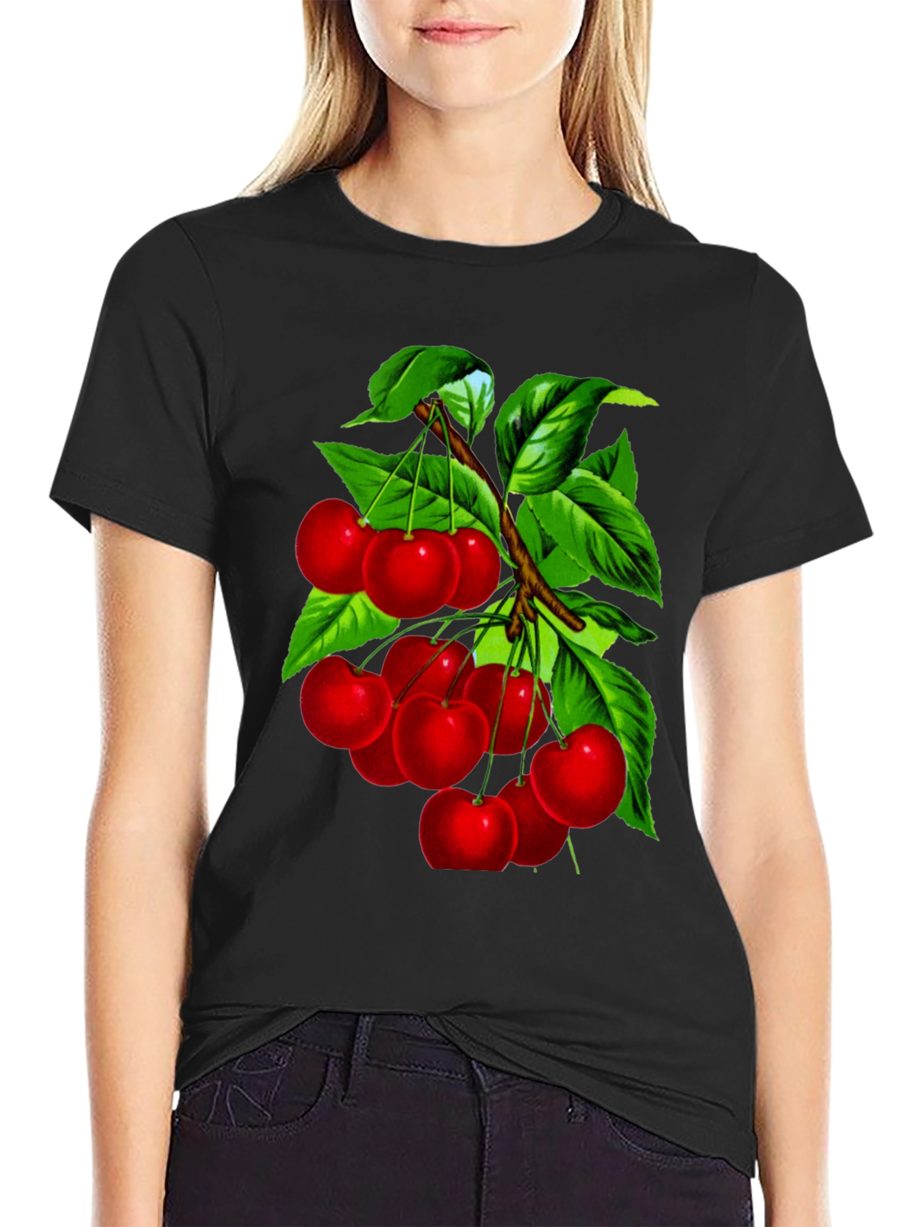 Cherry Print Black Crew Neck T-Shirt
