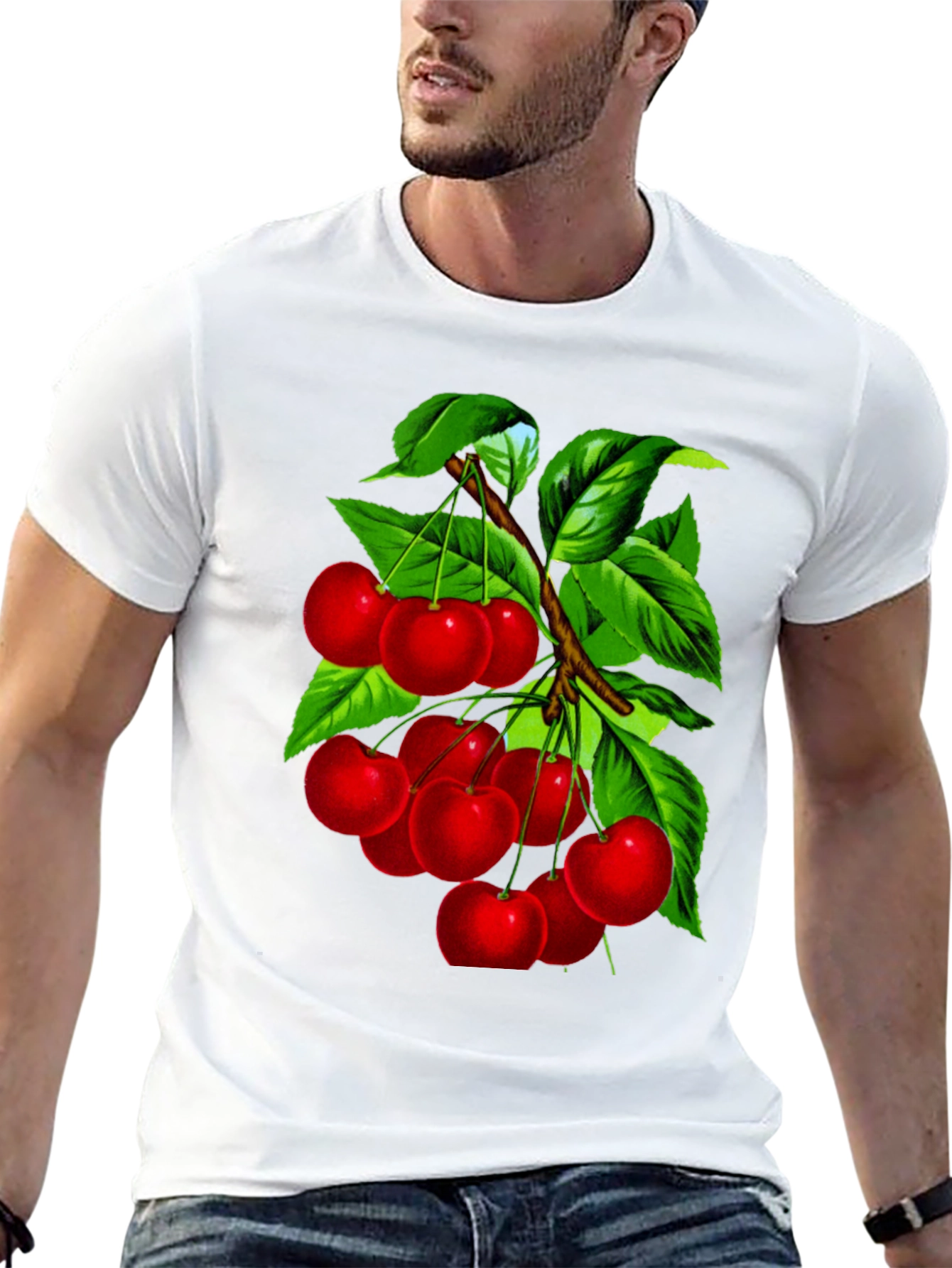 Cherry Print Black Crew Neck T-Shirt