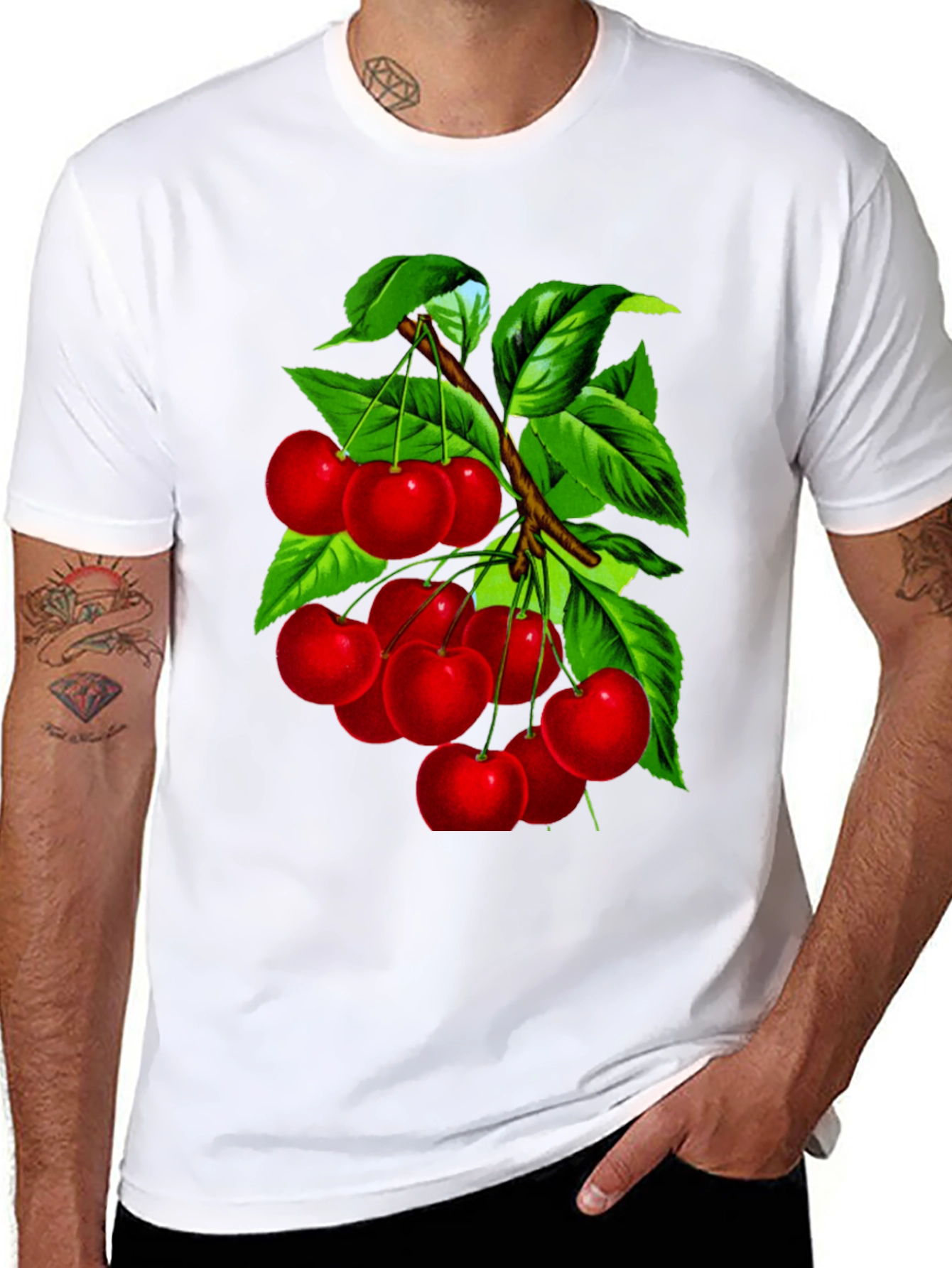 Cherry Print Black Crew Neck T-Shirt