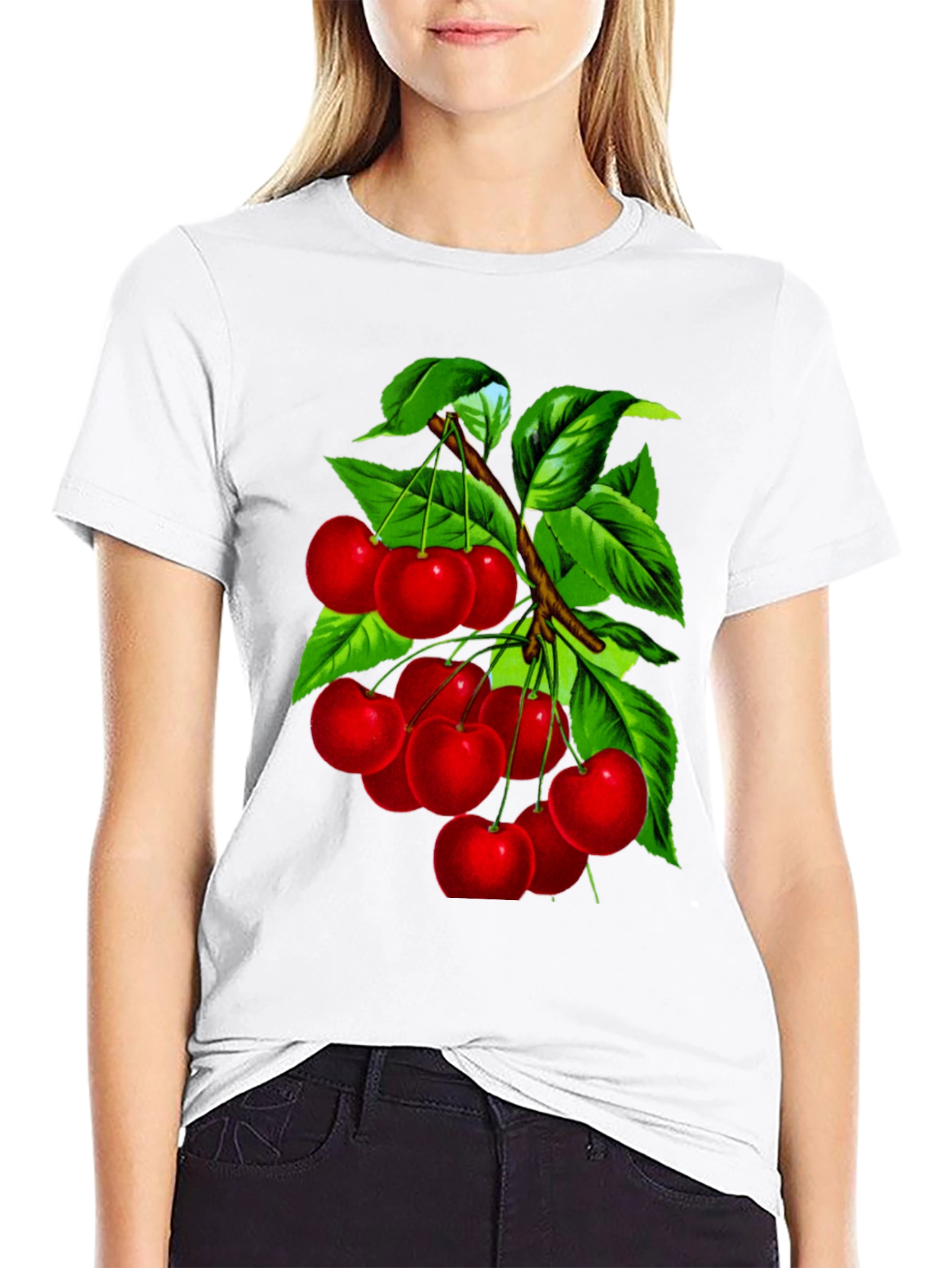 Cherry Print Black Crew Neck T-Shirt