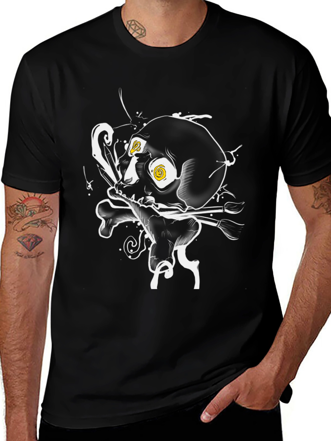 Skull & Brushes Graphic Tee - Artistic Black T-Shirt