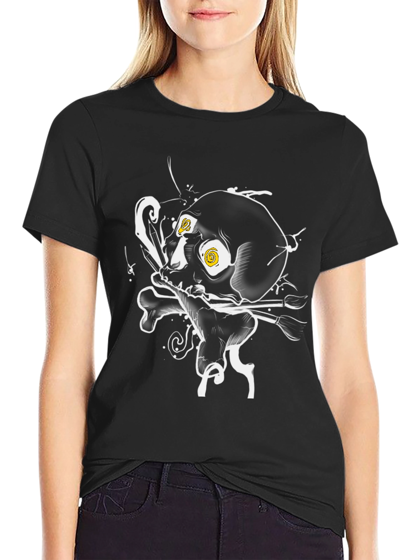 Skull & Brushes Graphic Tee - Artistic Black T-Shirt