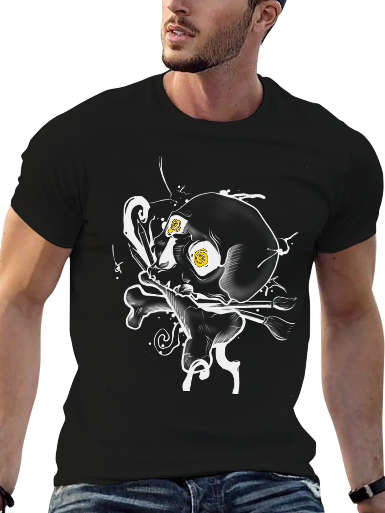 Skull & Brushes Graphic Tee - Artistic Black T-Shirt