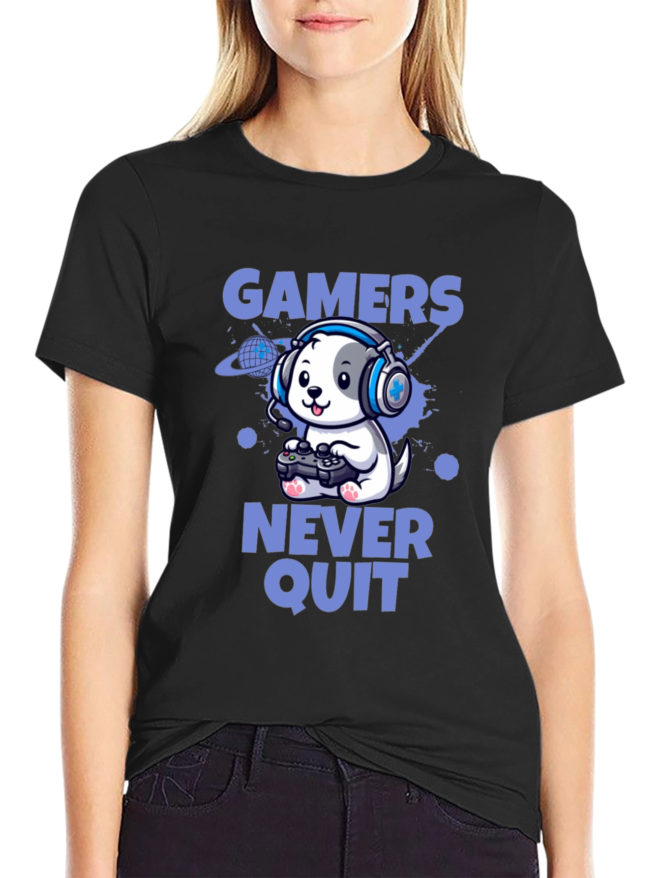 Gamers Never Quit T-Shirt - Cute Dog Gamer