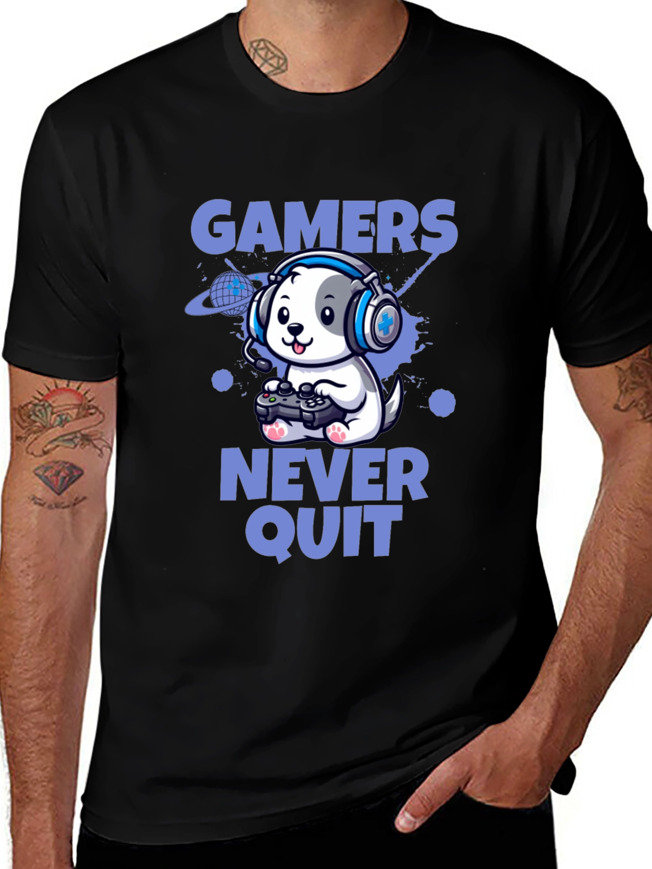 Gamers Never Quit T-Shirt - Cute Dog Gamer