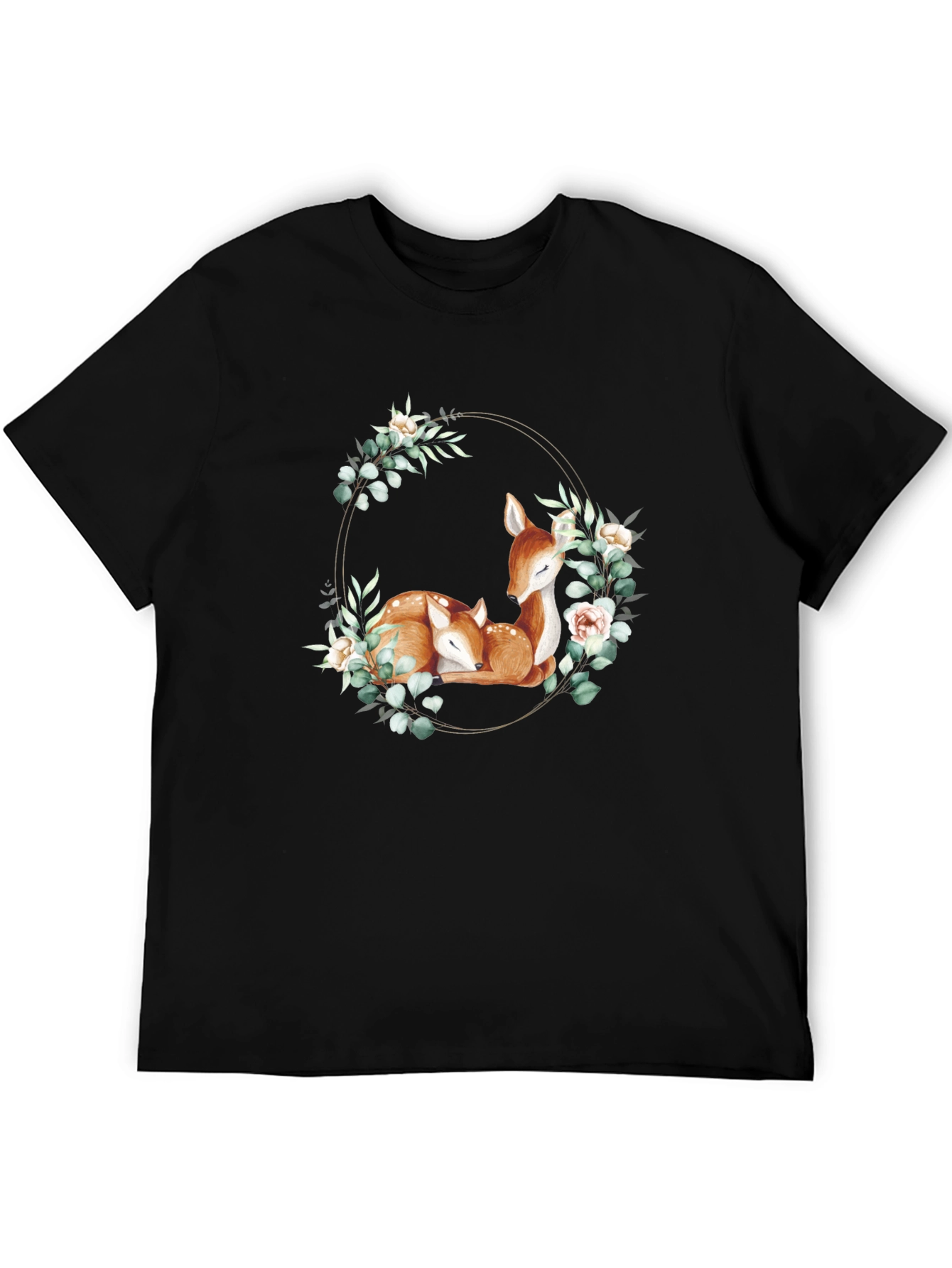Deer Floral Wreath Black T-Shirt