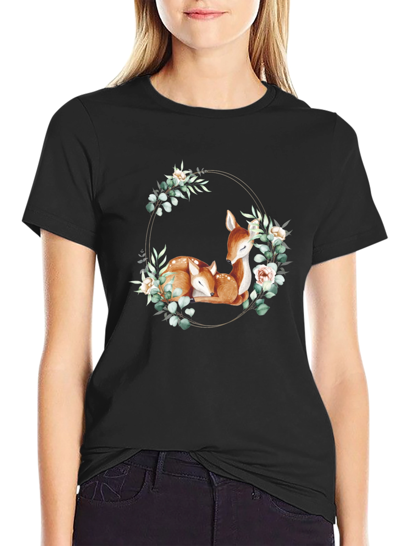 Deer Floral Wreath Black T-Shirt