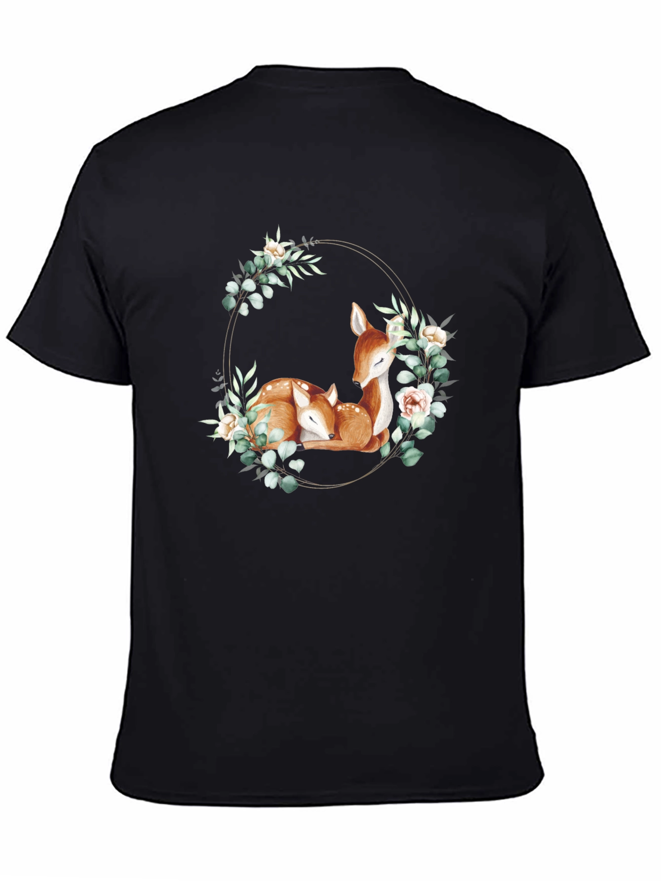 Deer Floral Wreath Black T-Shirt