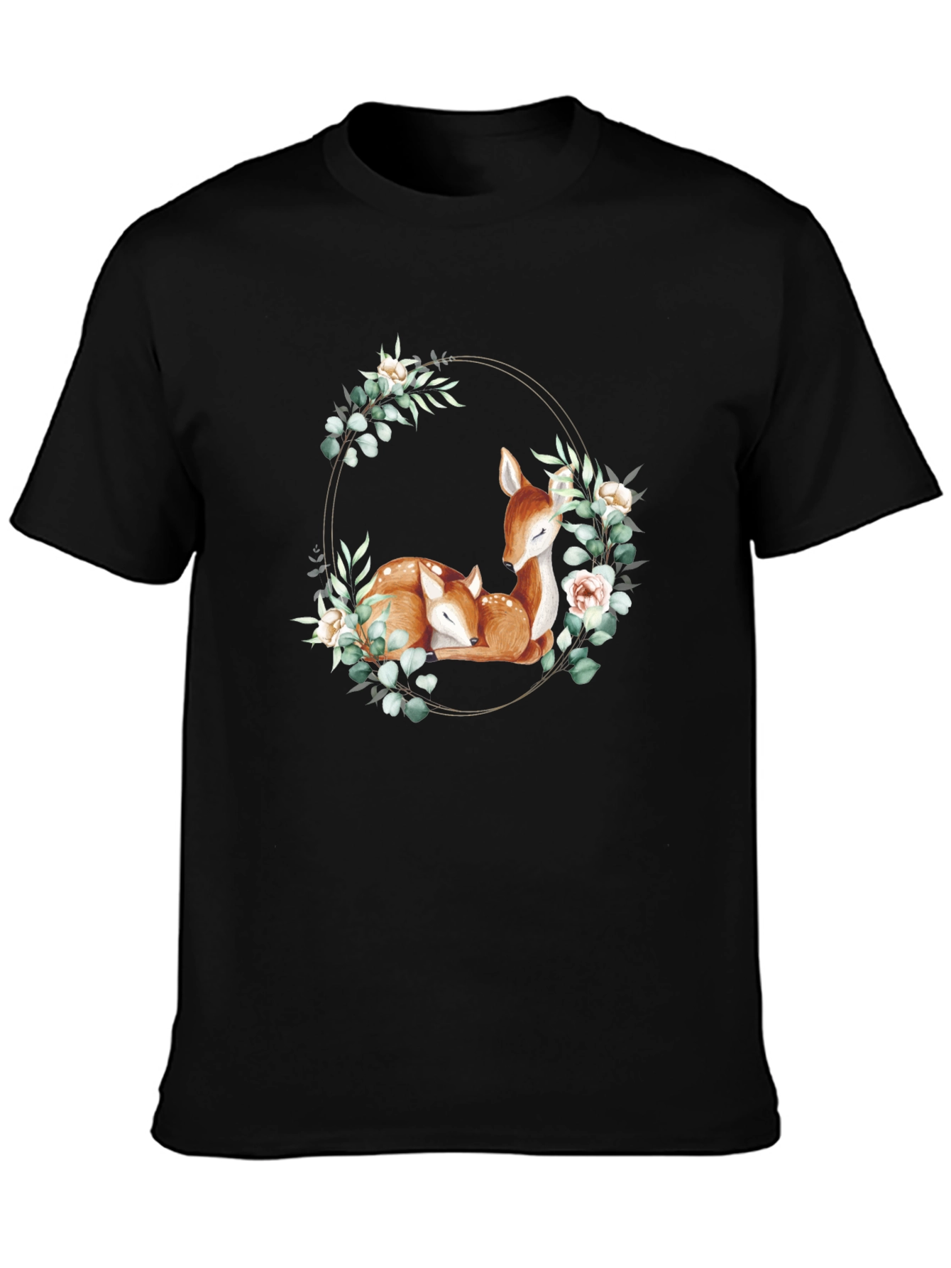 Deer Floral Wreath Black T-Shirt