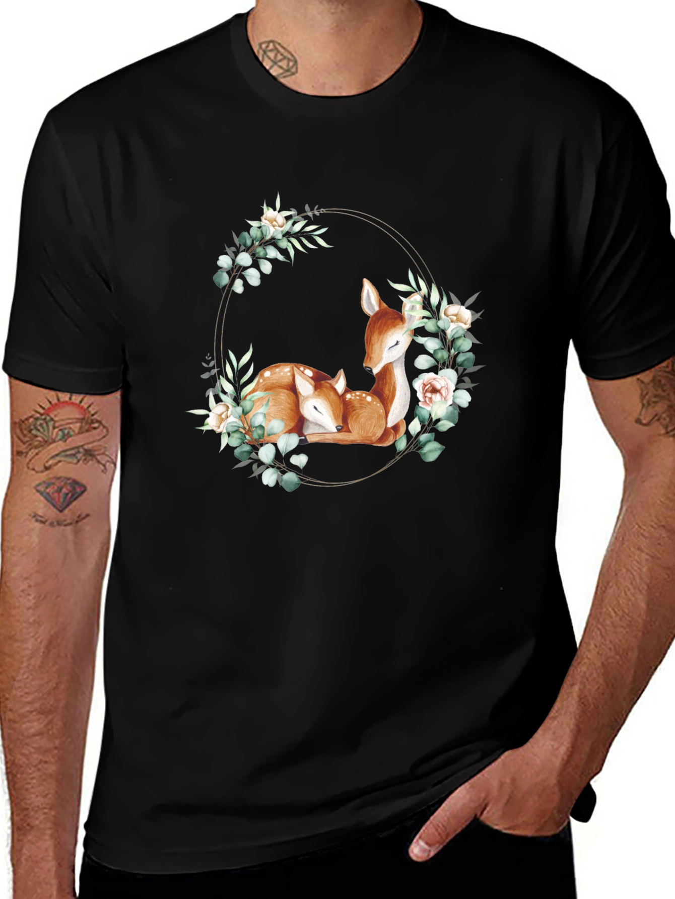 Deer Floral Wreath Black T-Shirt