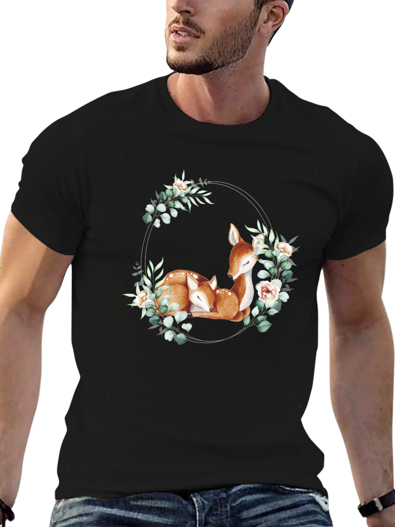 Deer Floral Wreath Black T-Shirt