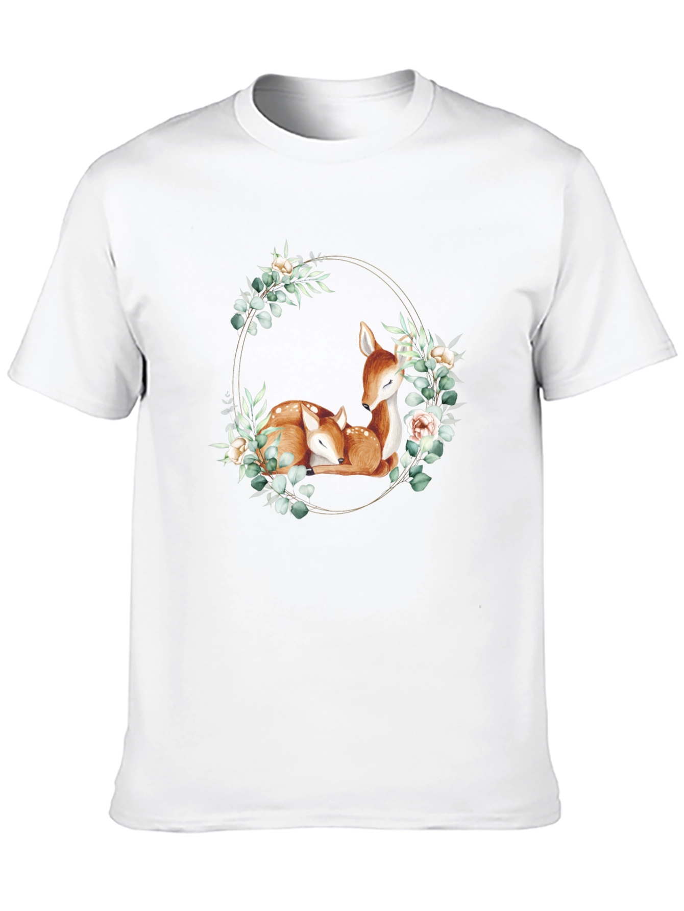 Deer Floral Wreath Black T-Shirt