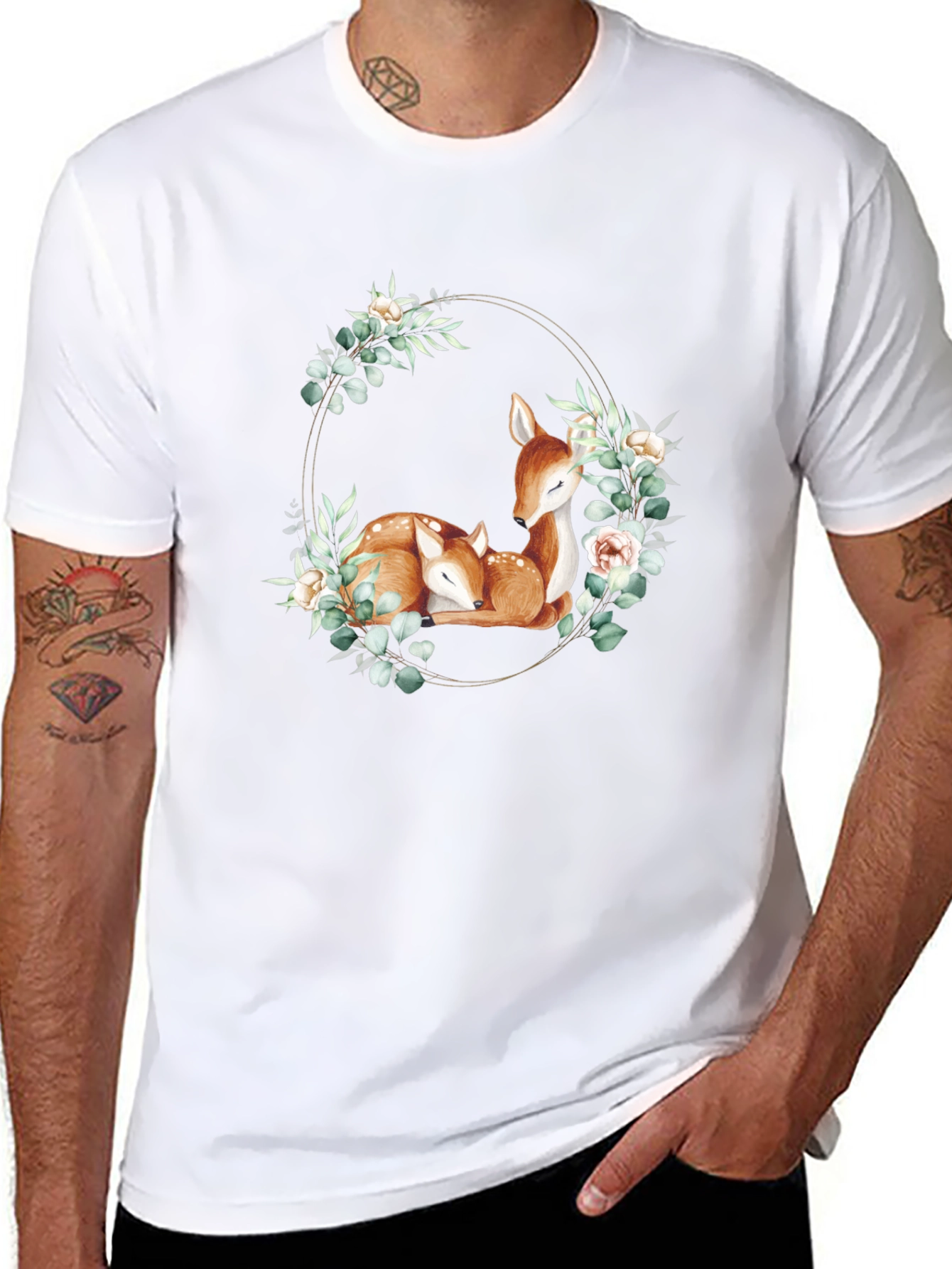 Deer Floral Wreath Black T-Shirt