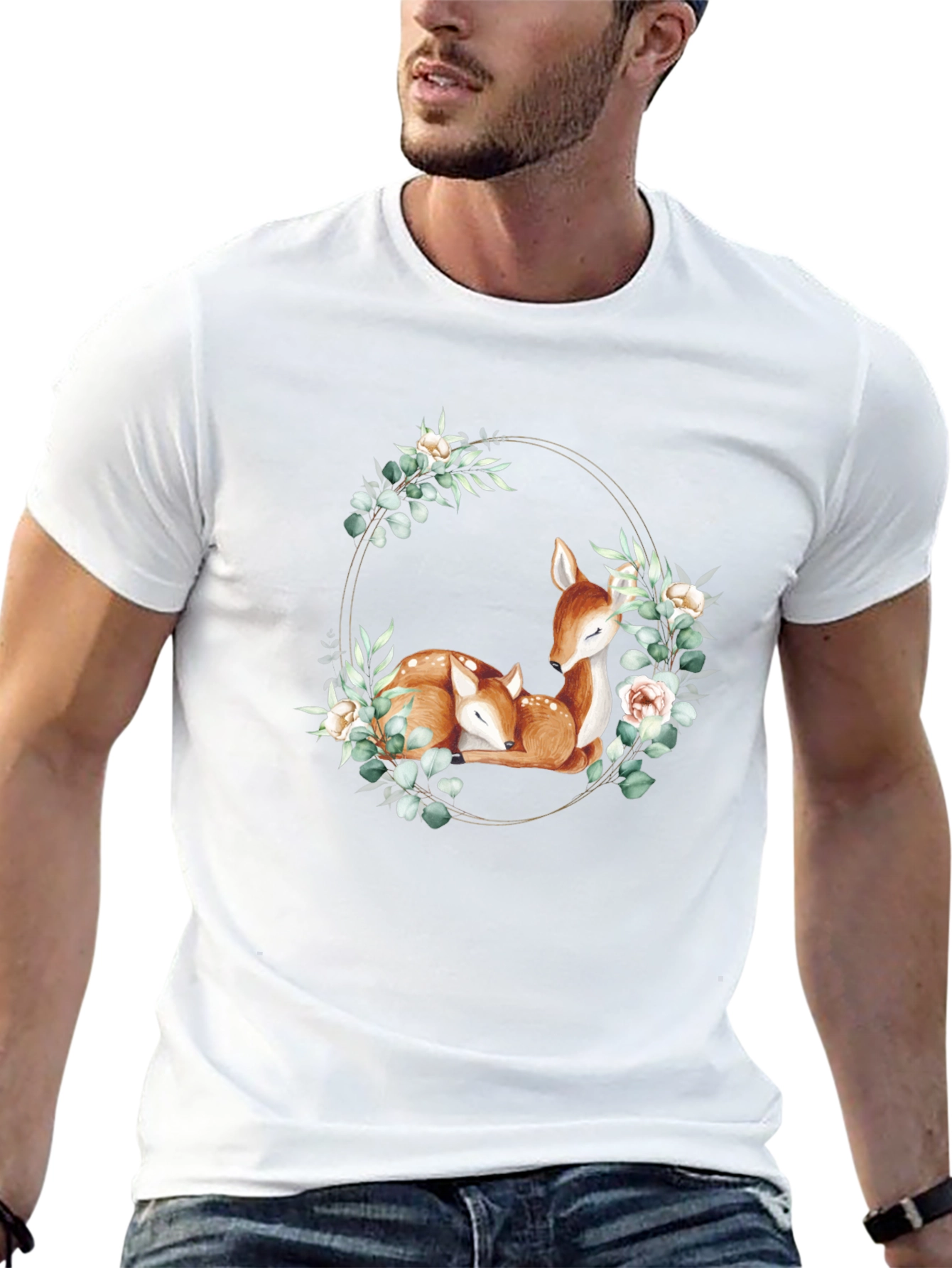 Deer Floral Wreath Black T-Shirt