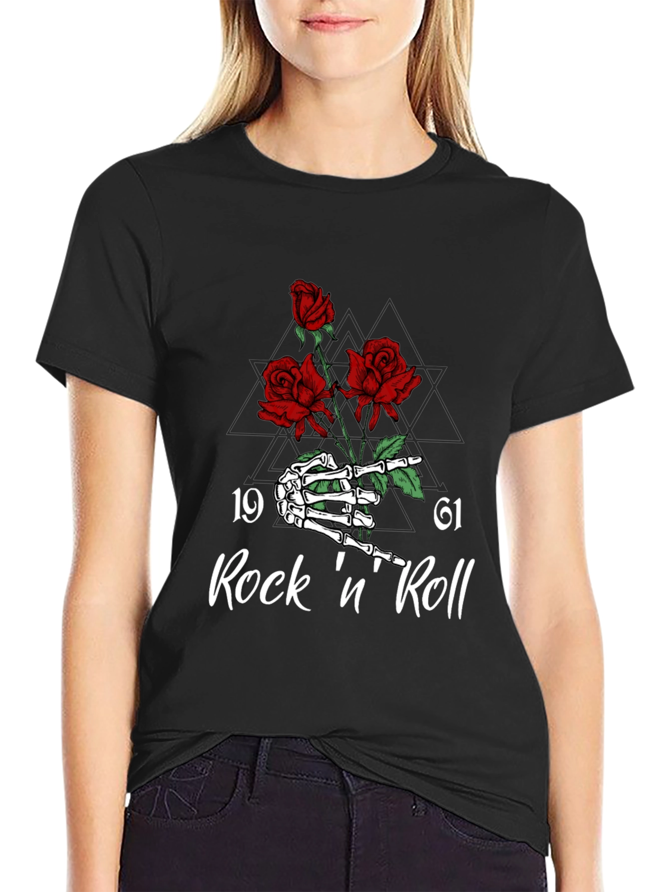 Rock n Roll Skeleton Hand & Roses Graphic Tee