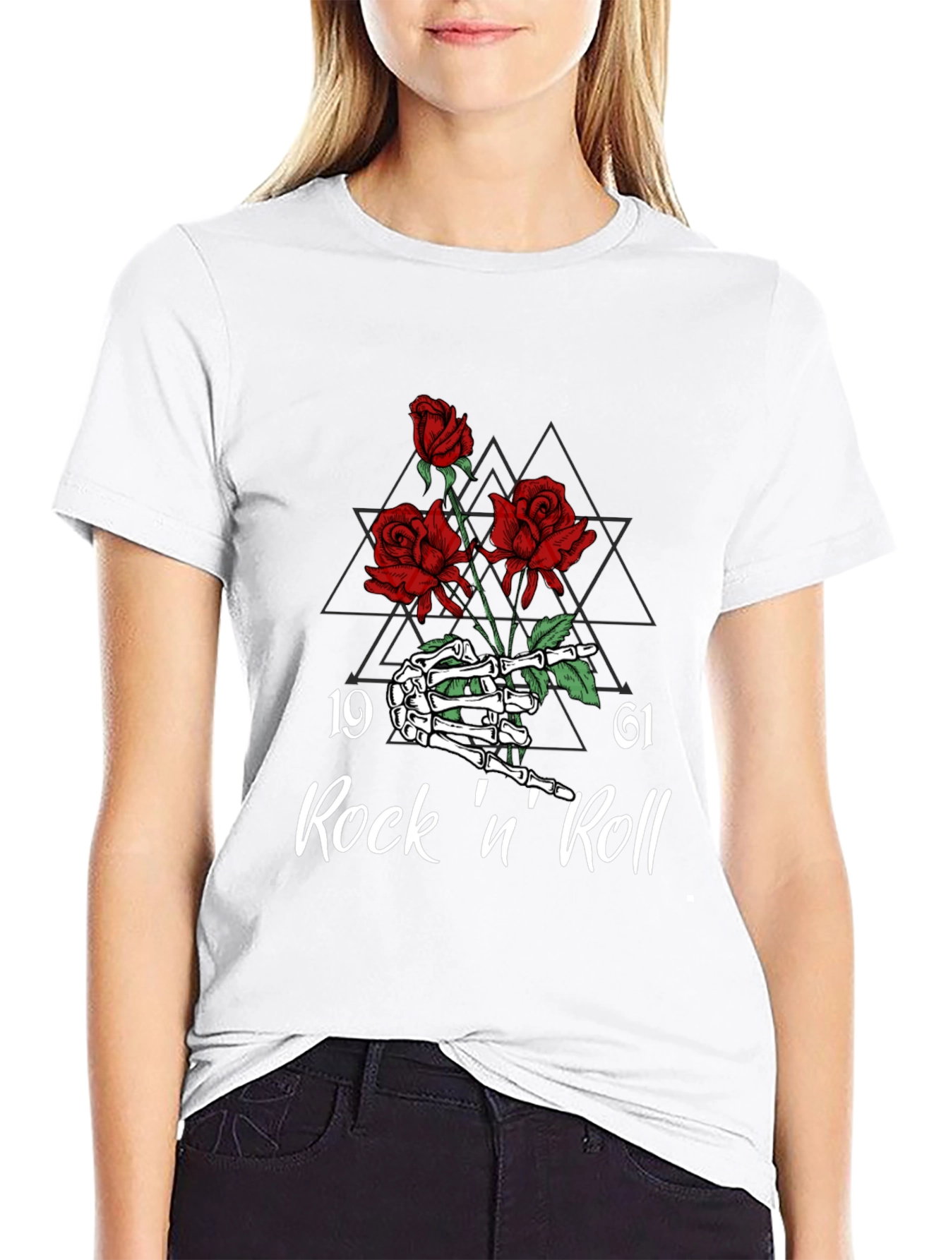 Rock n Roll Skeleton Hand & Roses Graphic Tee