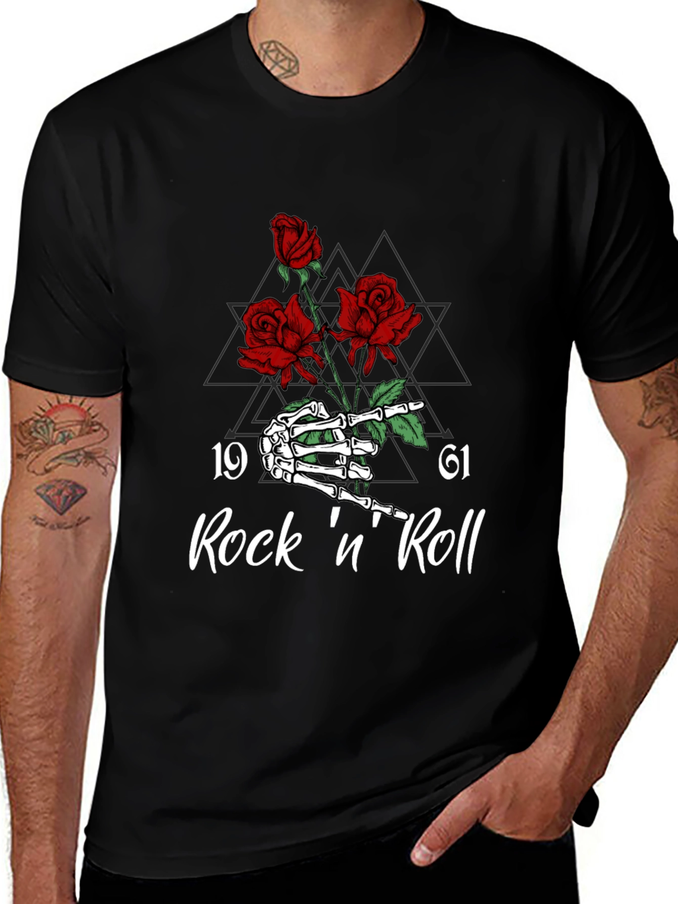 Rock n Roll Skeleton Hand & Roses Graphic Tee