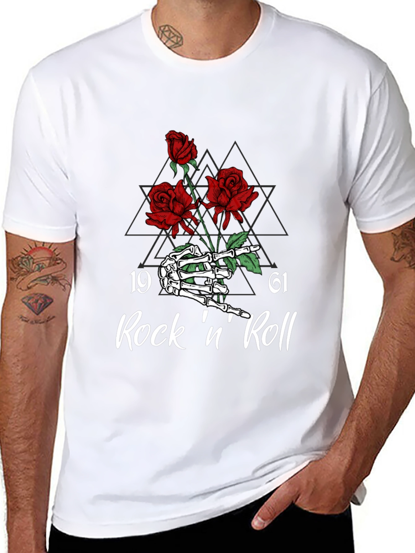 Rock n Roll Skeleton Hand & Roses Graphic Tee