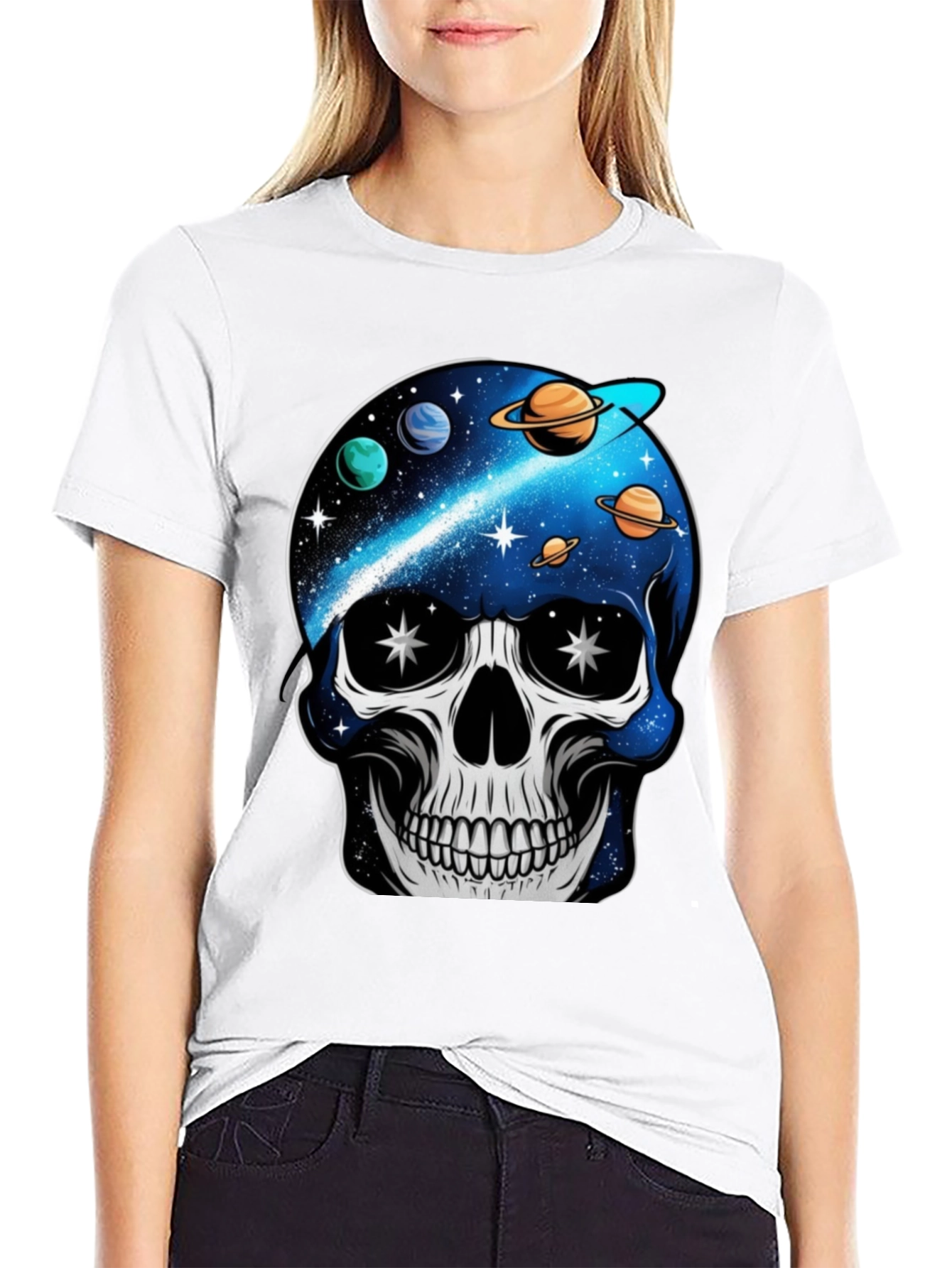 Space Skull Graphic Print T-Shirt - Unique Galaxy Design