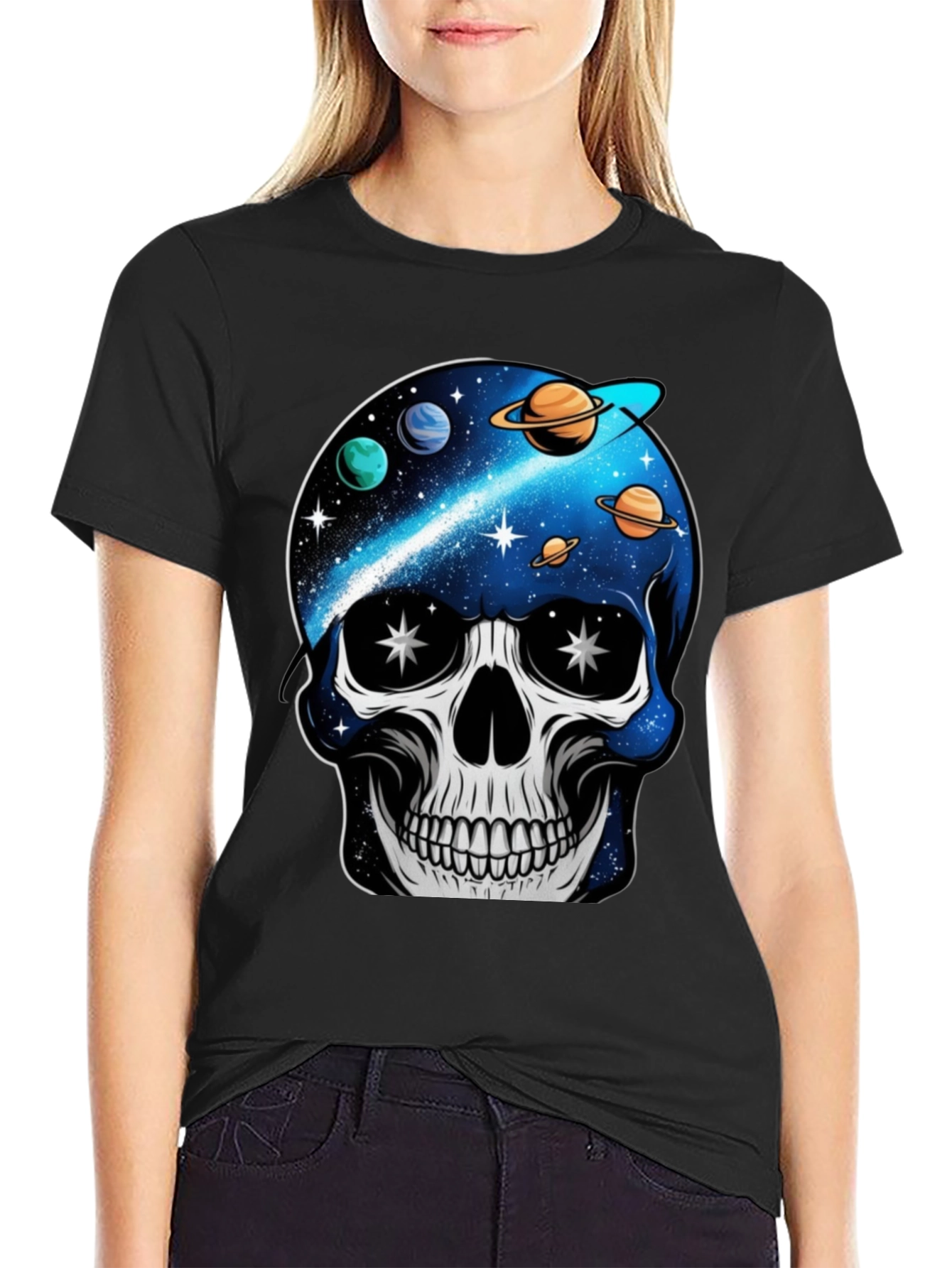 Space Skull Graphic Print T-Shirt - Unique Galaxy Design