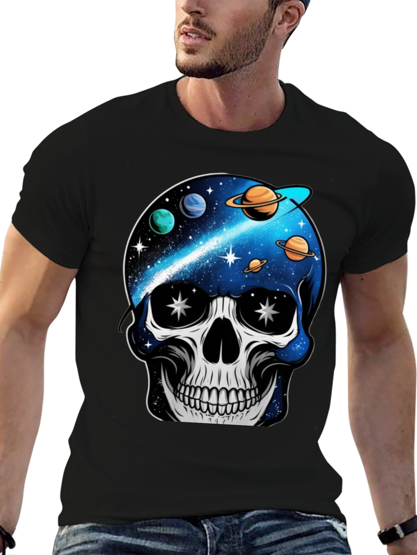 Space Skull Graphic Print T-Shirt - Unique Galaxy Design