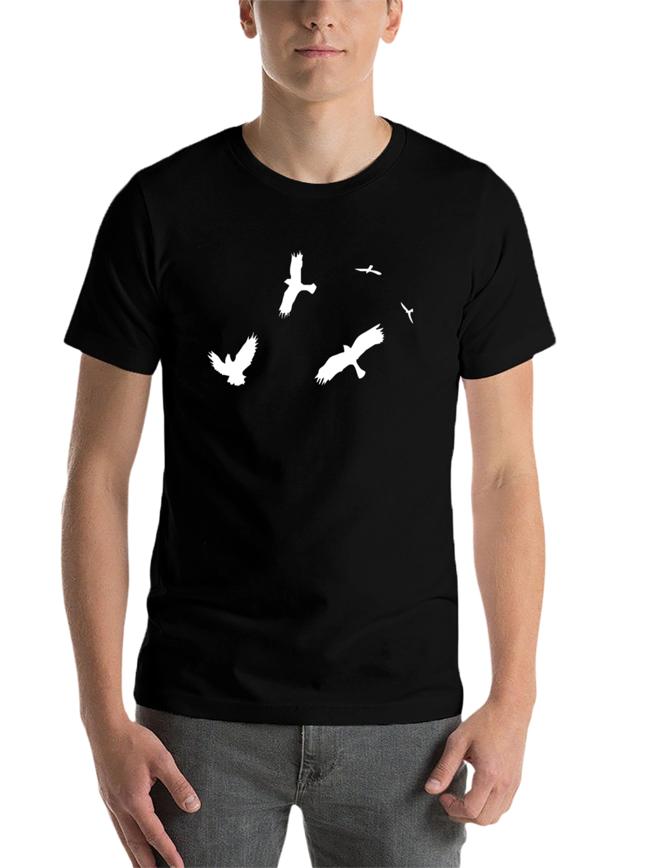Black T-Shirt with White Flying Birds Design