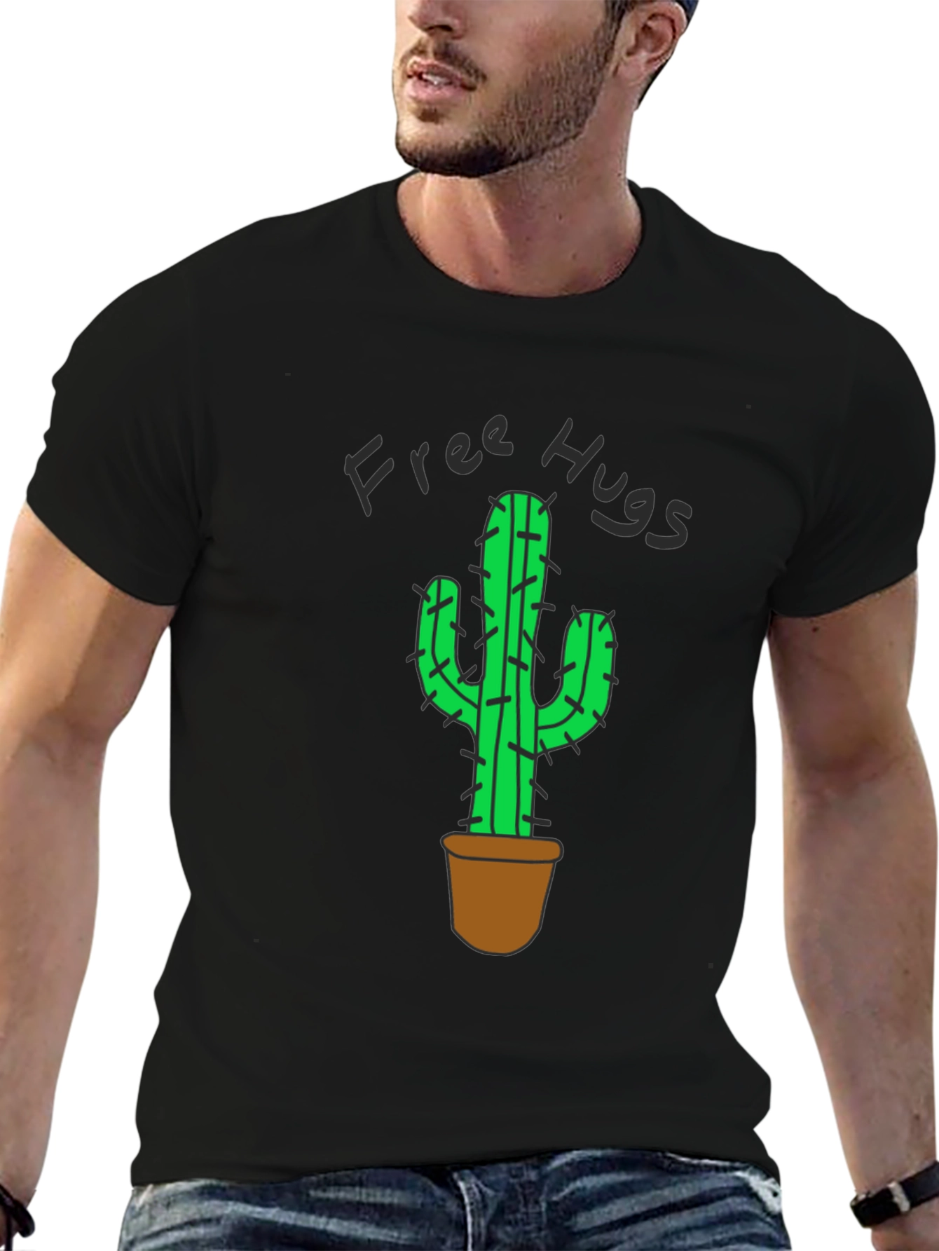 Free Hugs Cactus Graphic T-Shirt - Black Cotton Tee