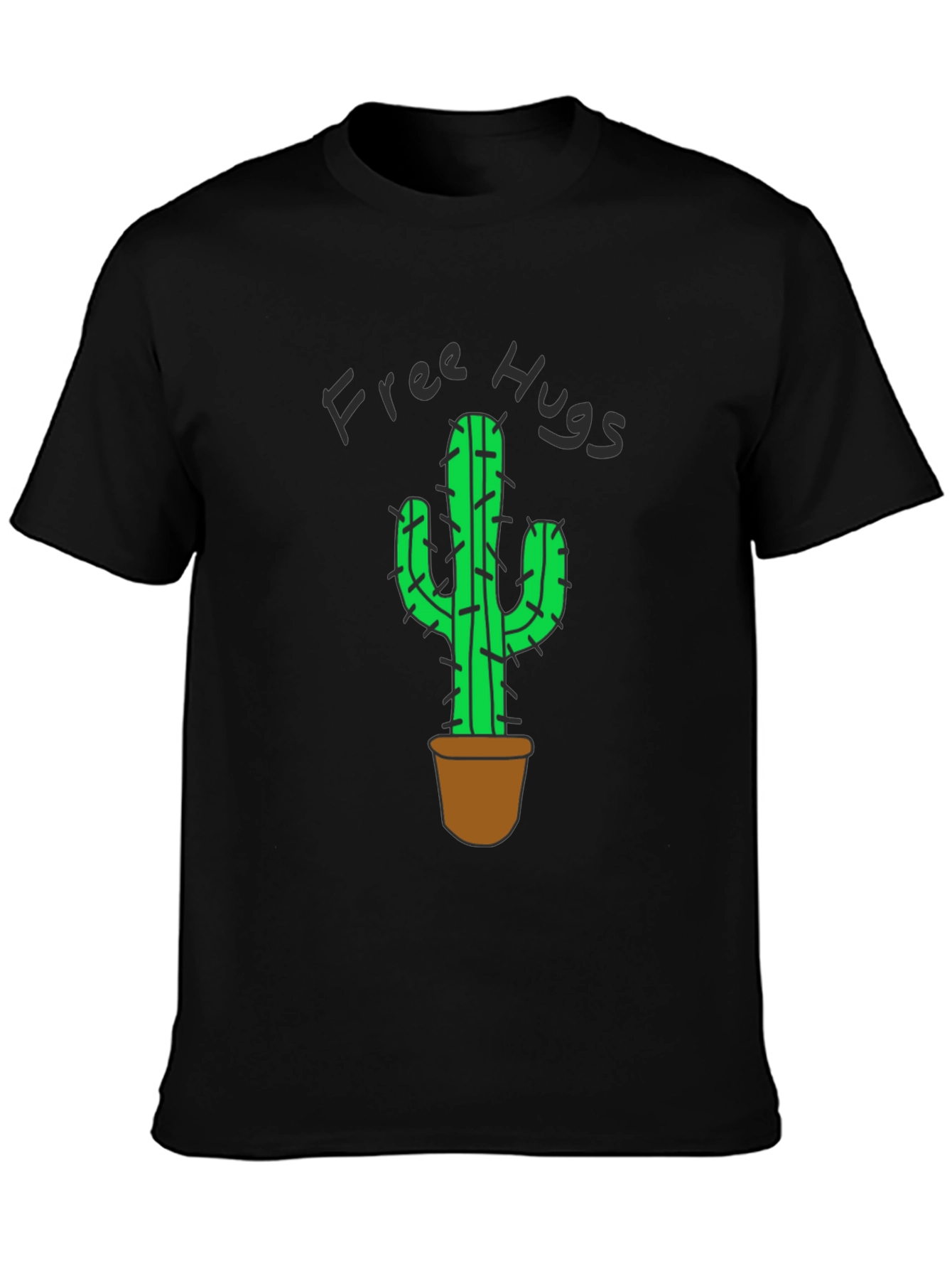 Free Hugs Cactus Graphic T-Shirt - Black Cotton Tee