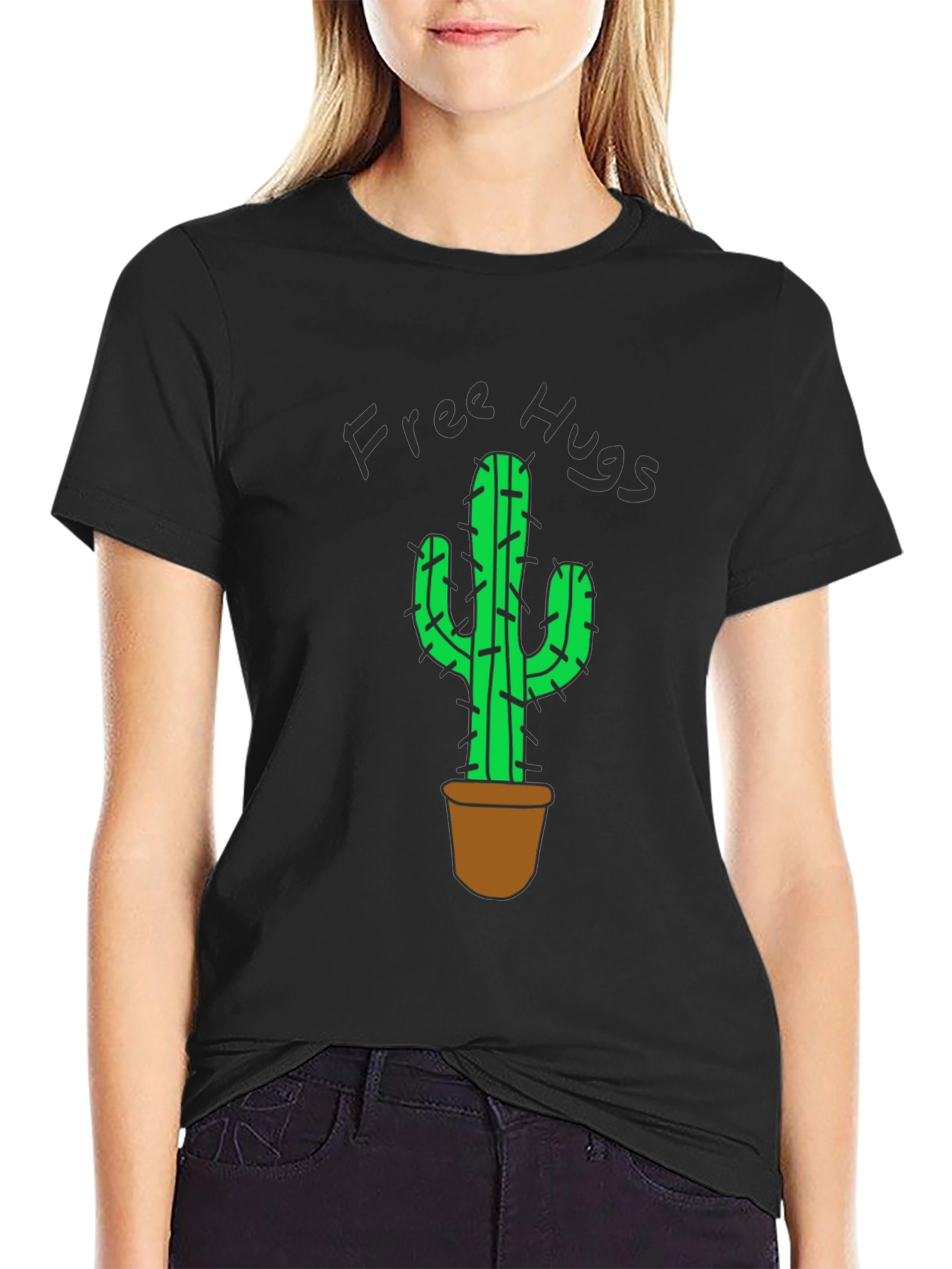 Free Hugs Cactus Graphic T-Shirt - Black Cotton Tee