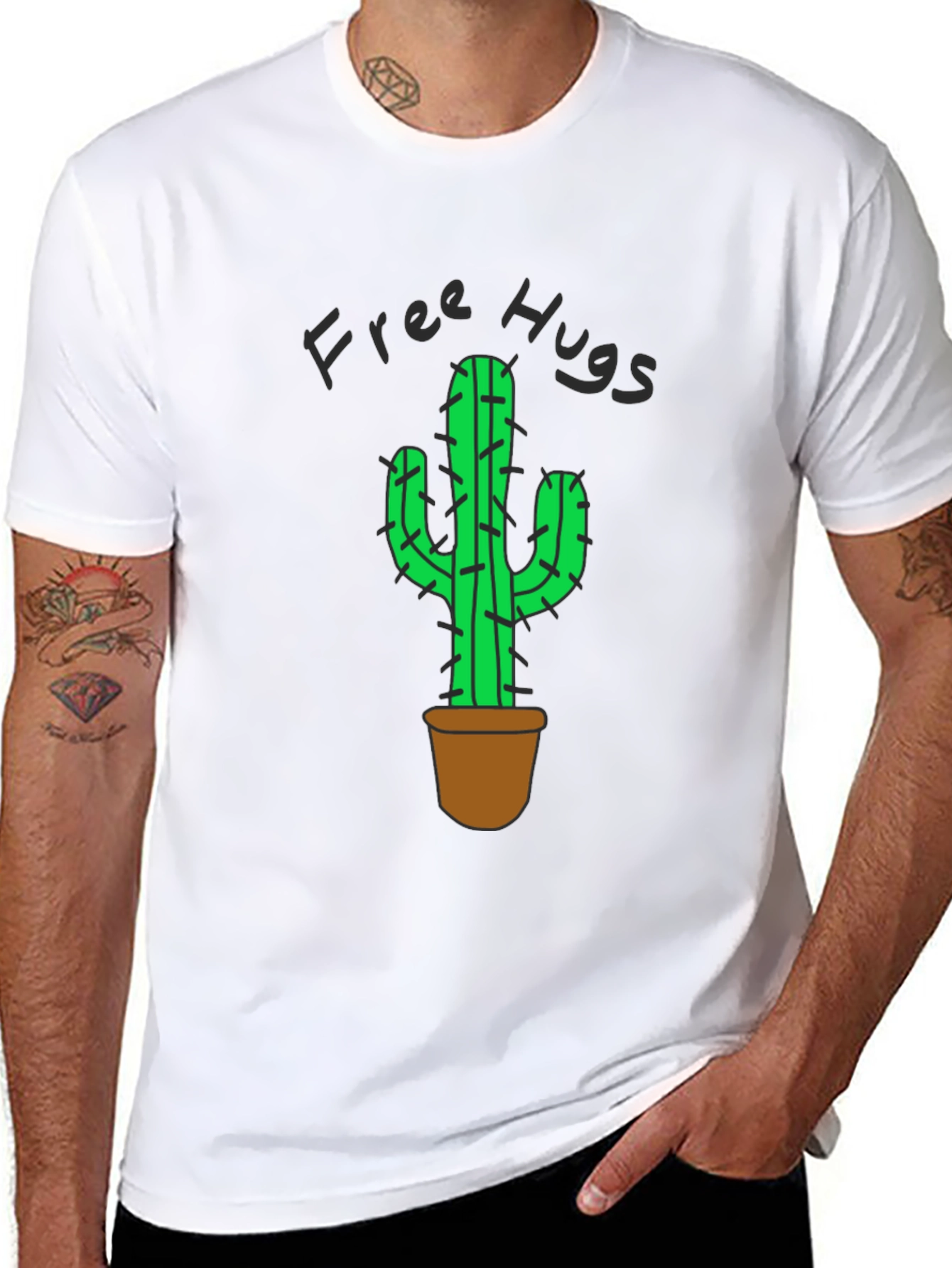 Free Hugs Cactus Graphic T-Shirt - Black Cotton Tee