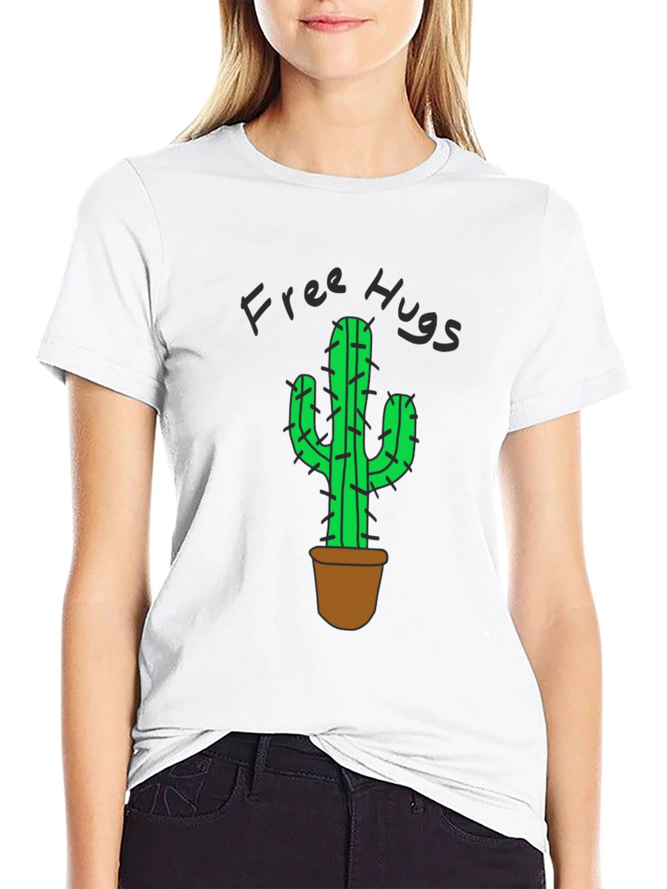 Free Hugs Cactus Graphic T-Shirt - Black Cotton Tee