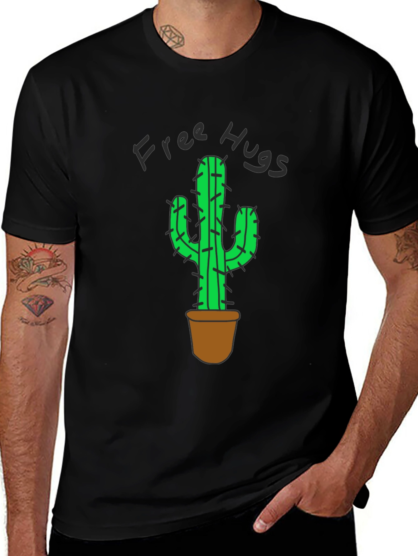 Free Hugs Cactus Graphic T-Shirt - Black Cotton Tee
