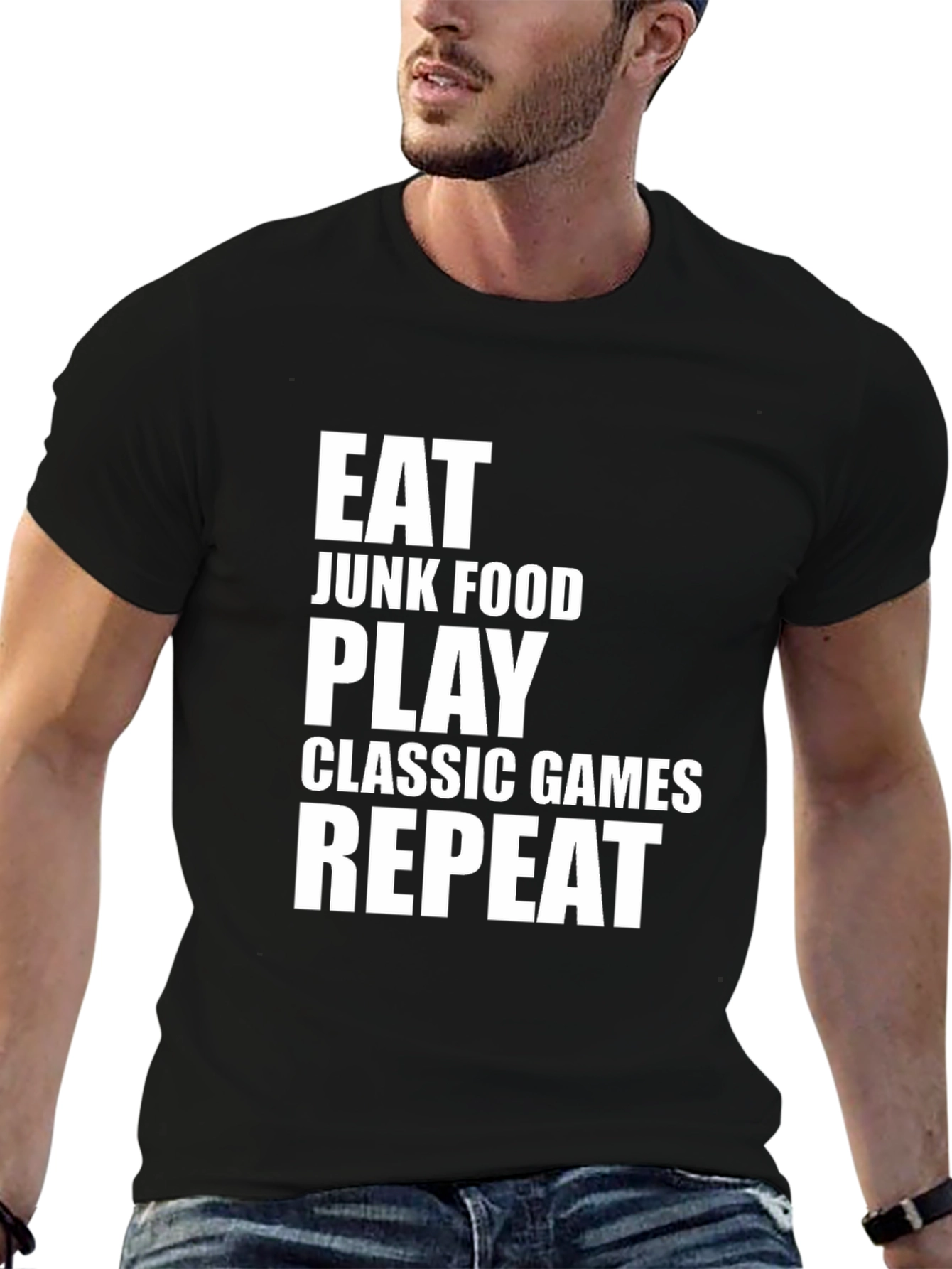 Eat Junk Food Play Classic Games Repeat Black T-Shirt