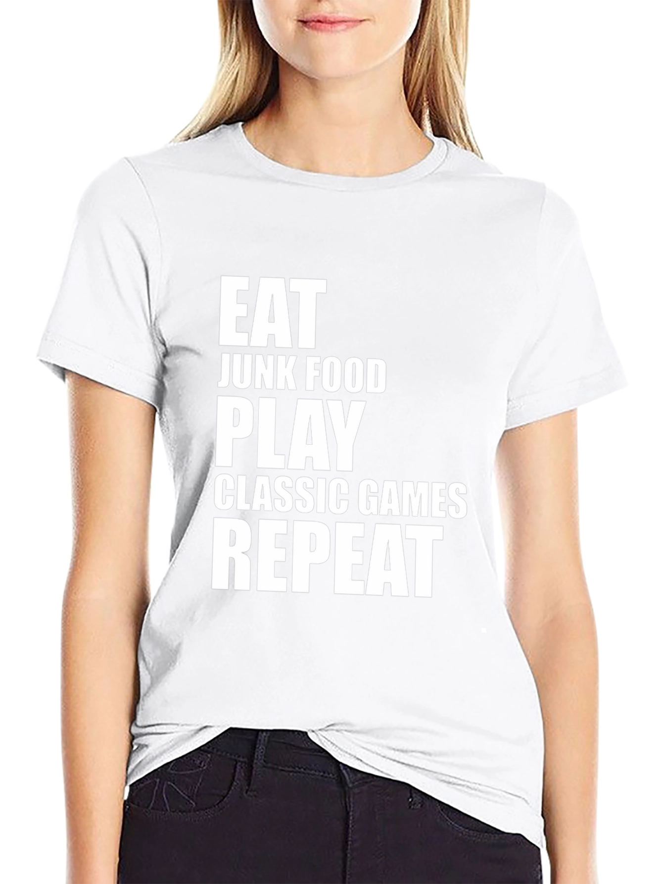 Eat Junk Food Play Classic Games Repeat Black T-Shirt