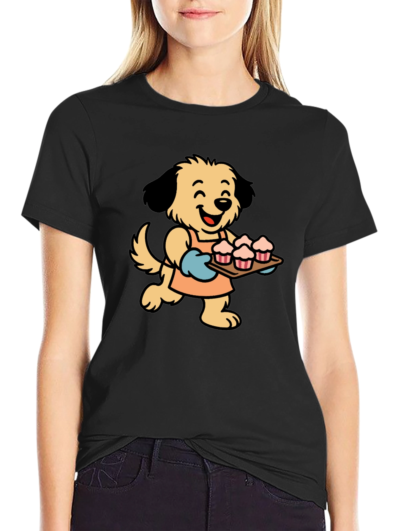 Dog Baker Cartoon Black T-Shirt