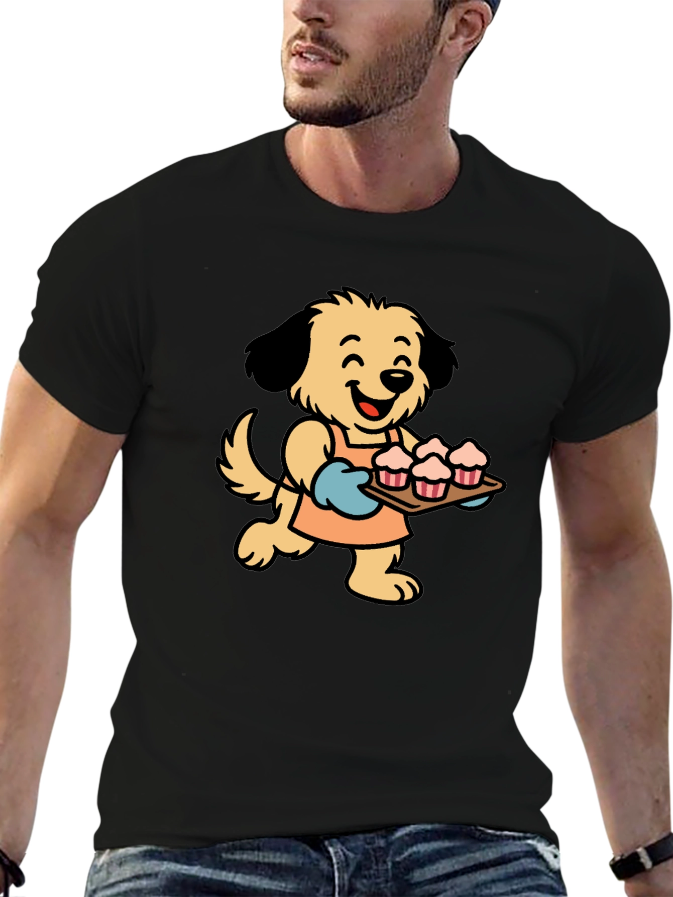 Dog Baker Cartoon Black T-Shirt