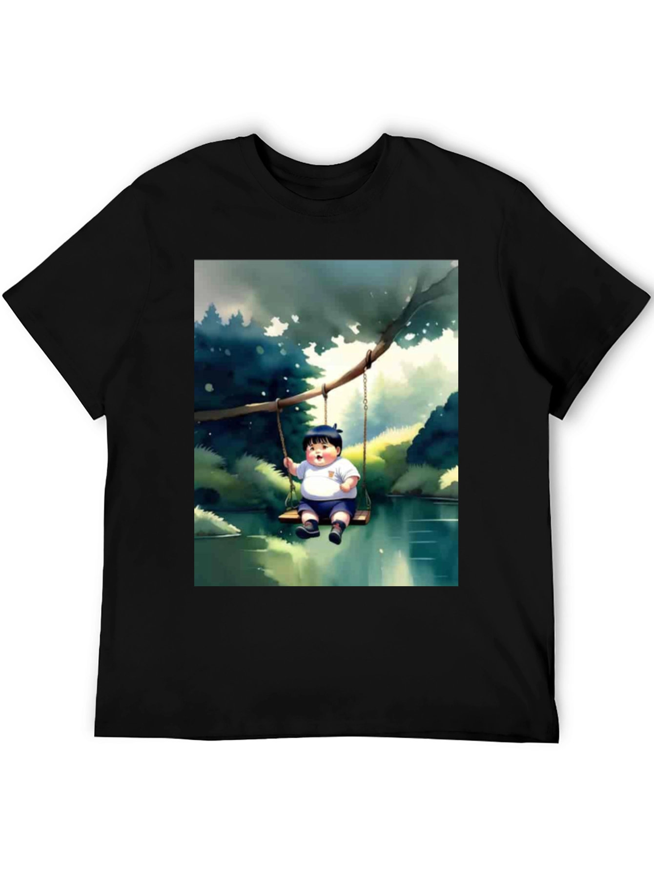 Cartoon Boy on Swing Graphic Tee - Black