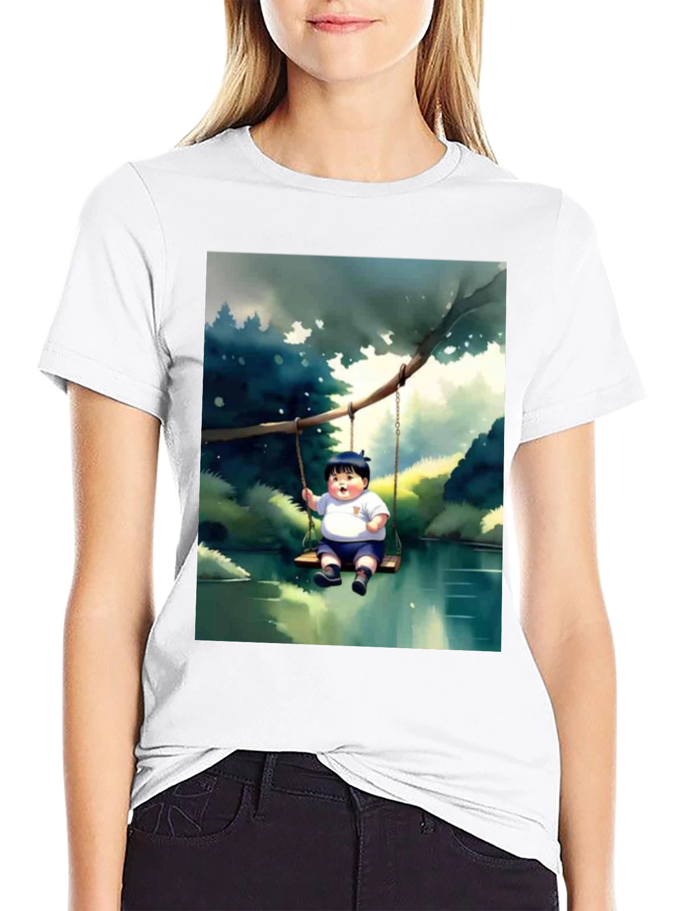 Cartoon Boy on Swing Graphic Tee - Black