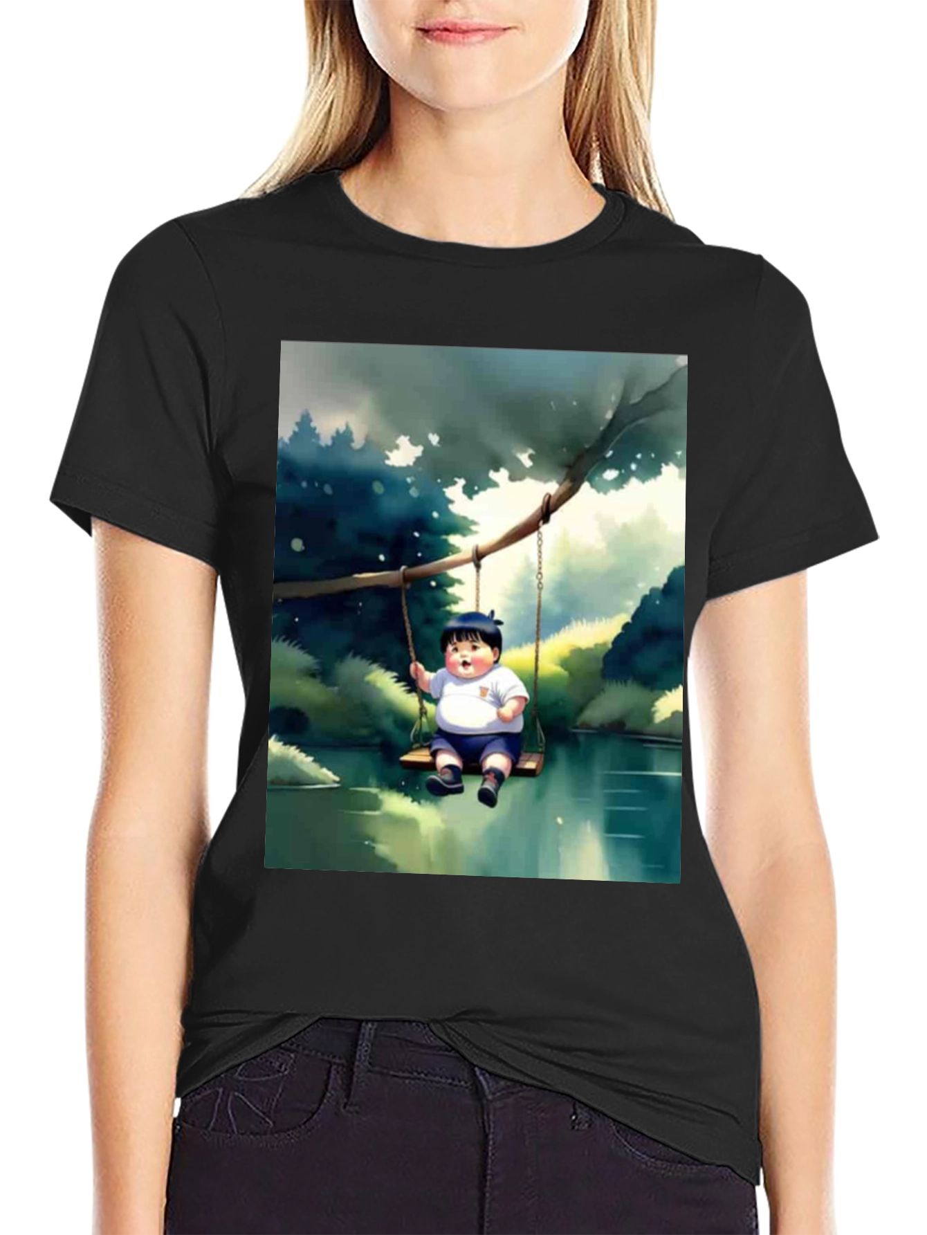 Cartoon Boy on Swing Graphic Tee - Black