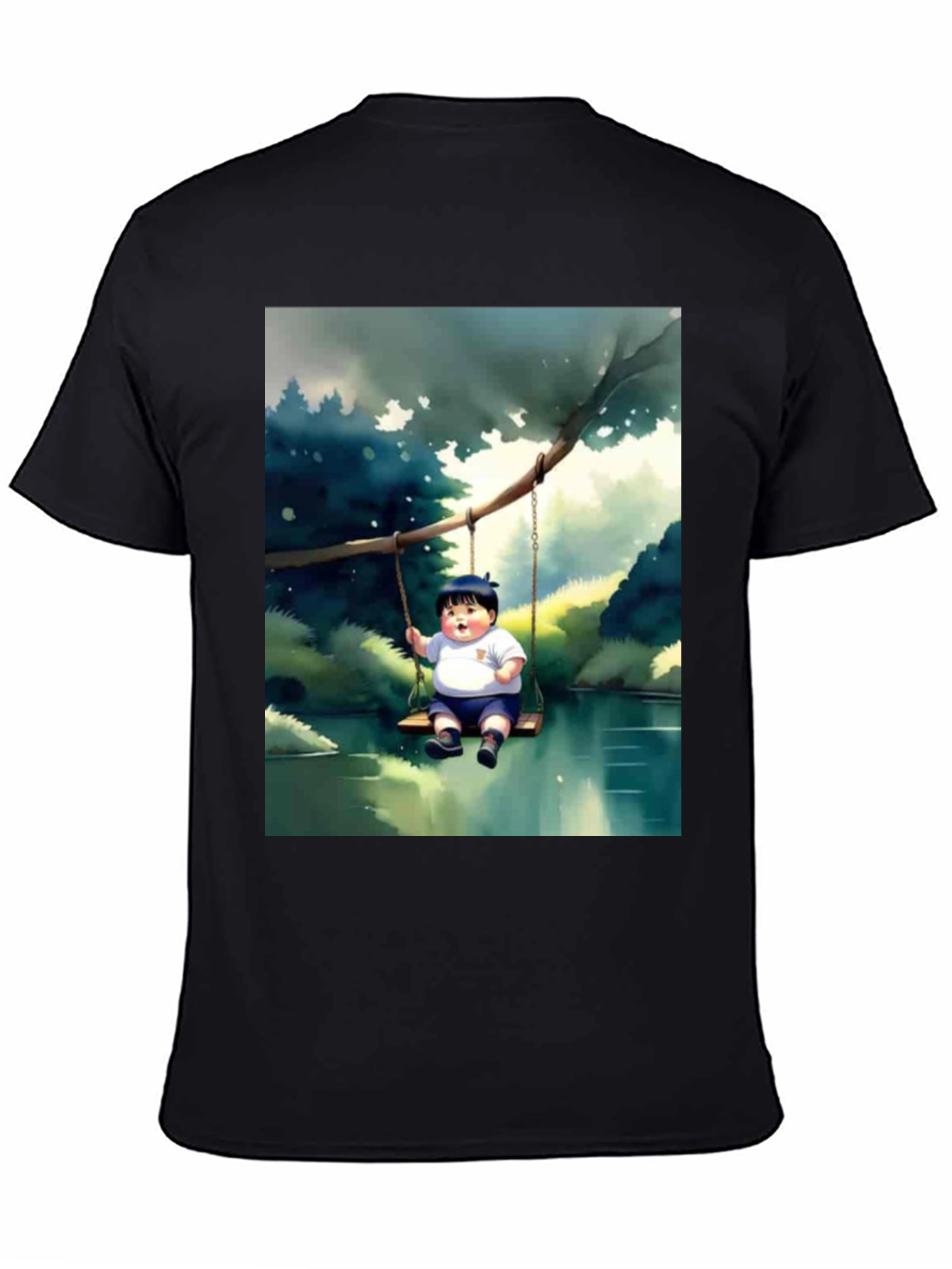 Cartoon Boy on Swing Graphic Tee - Black