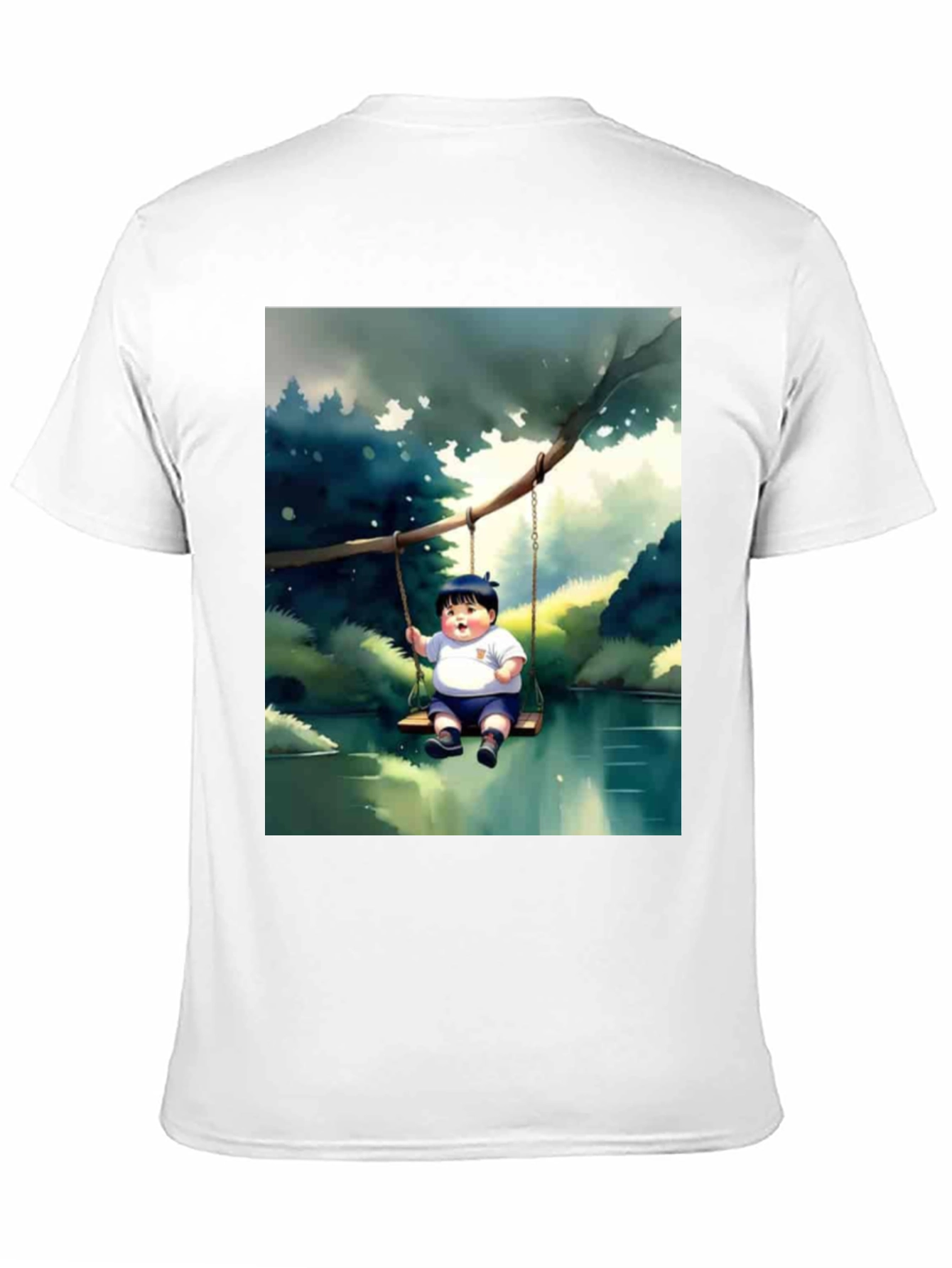 Cartoon Boy on Swing Graphic Tee - Black