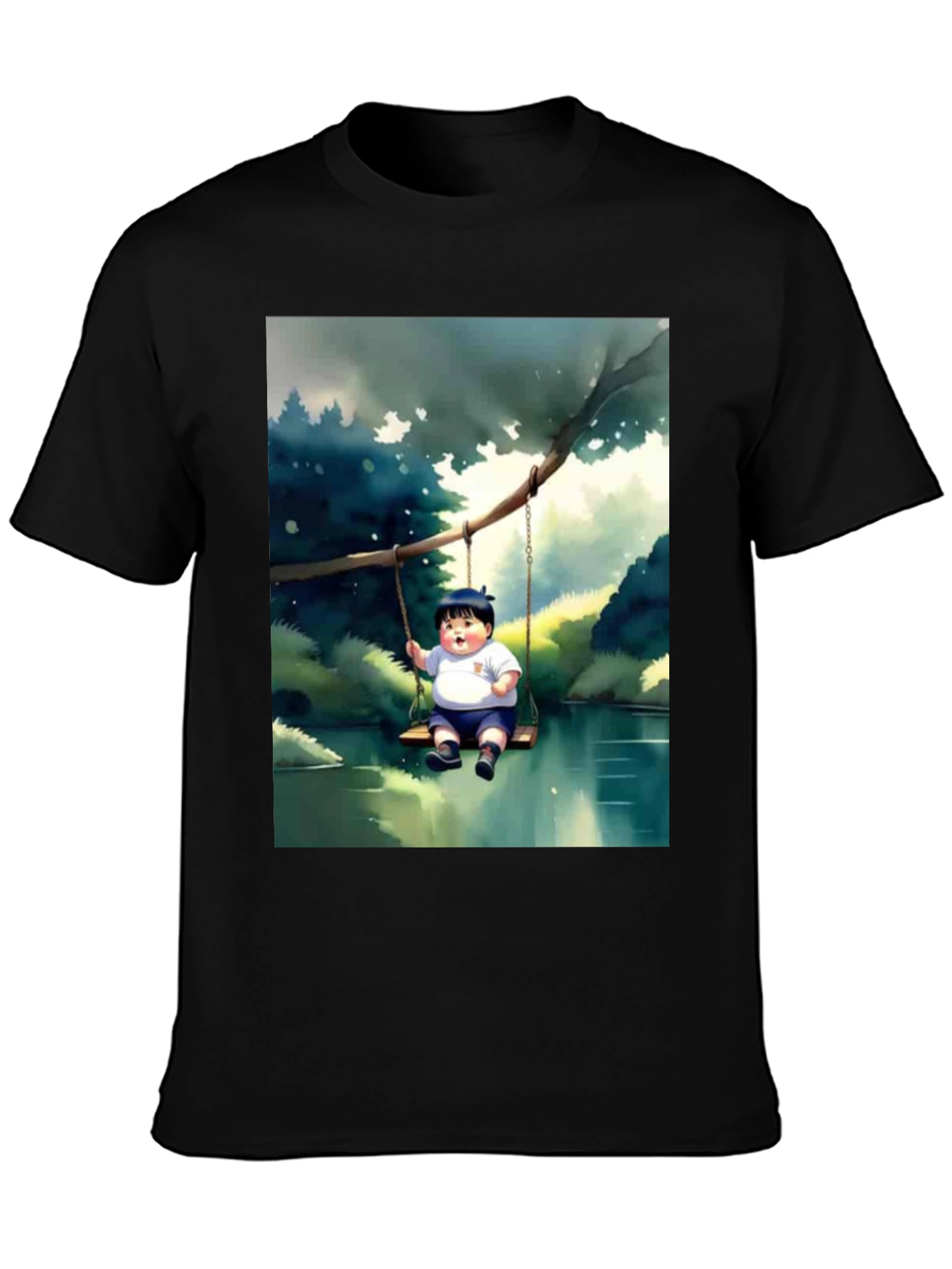 Cartoon Boy on Swing Graphic Tee - Black