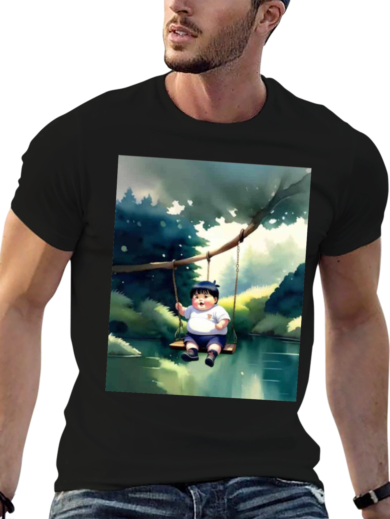 Cartoon Boy on Swing Graphic Tee - Black