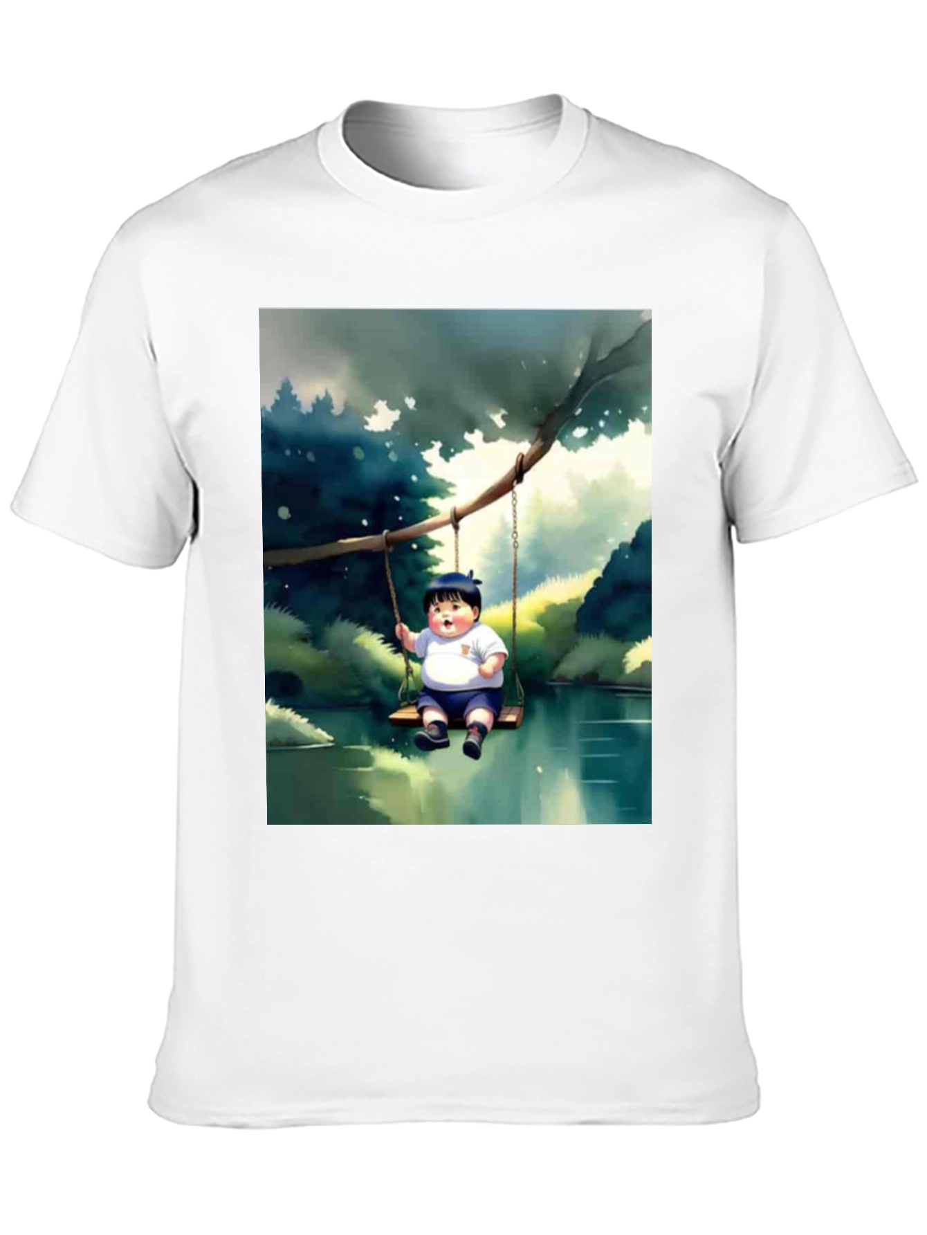 Cartoon Boy on Swing Graphic Tee - Black