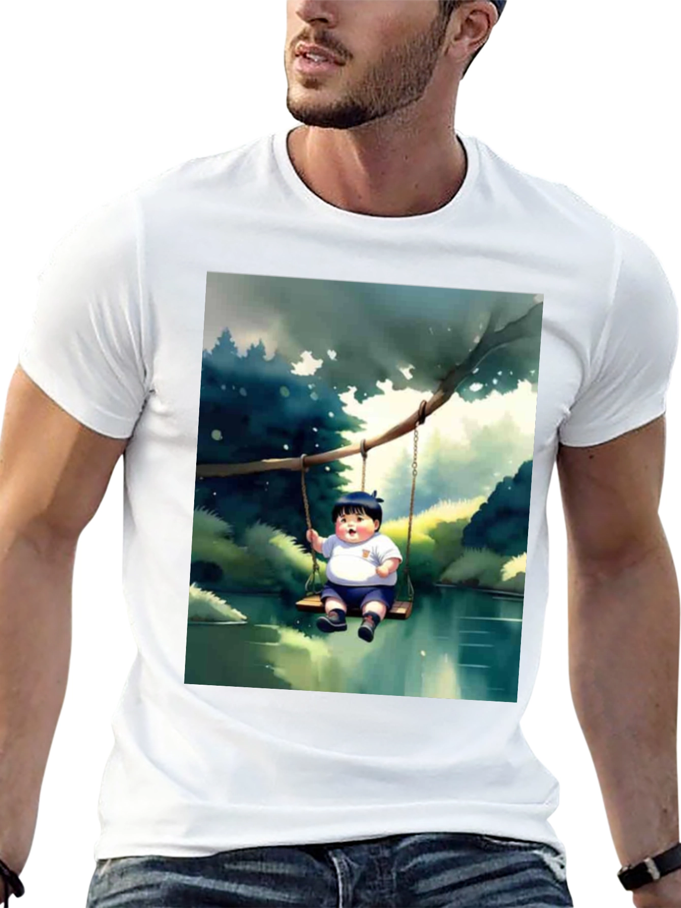 Cartoon Boy on Swing Graphic Tee - Black