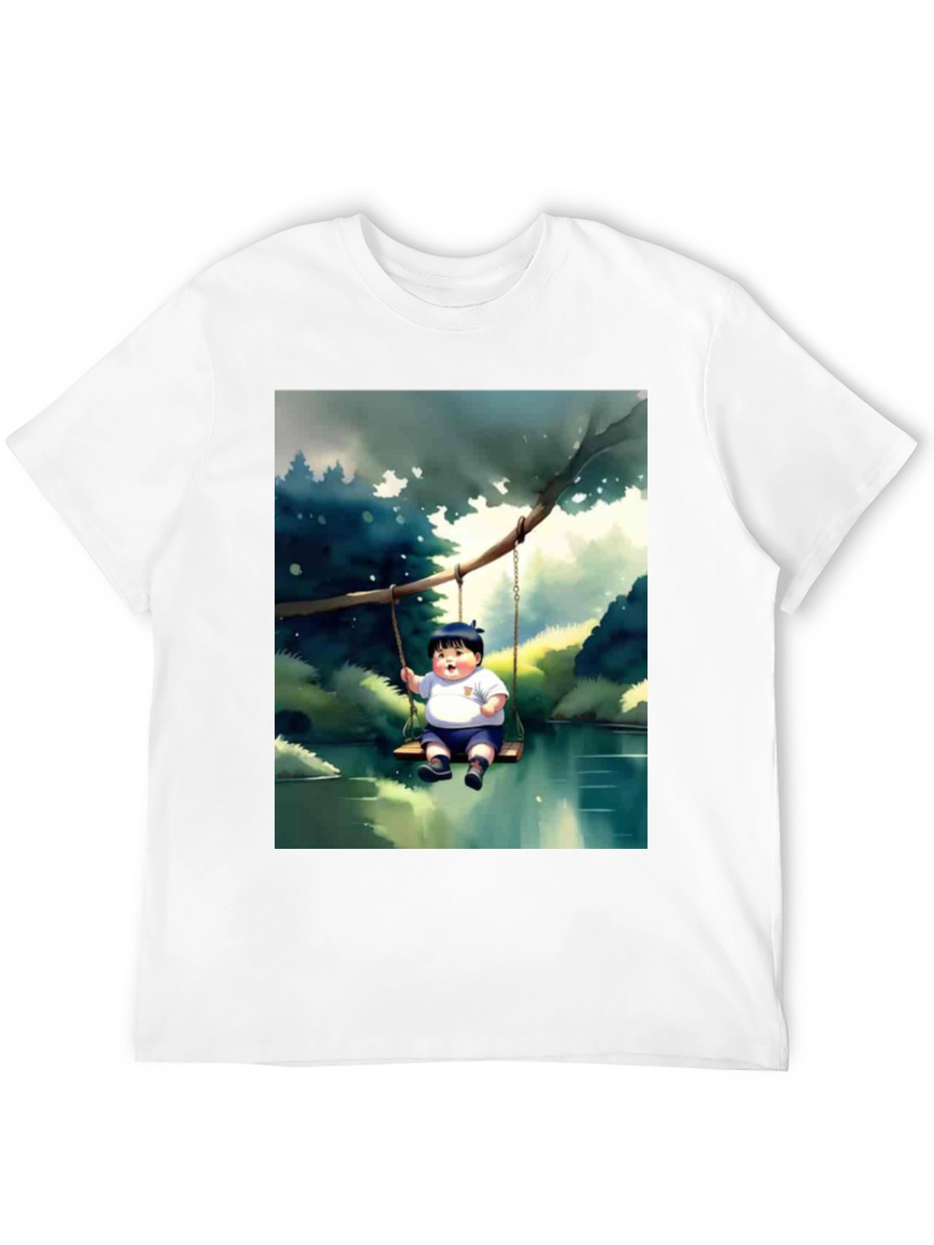 Cartoon Boy on Swing Graphic Tee - Black