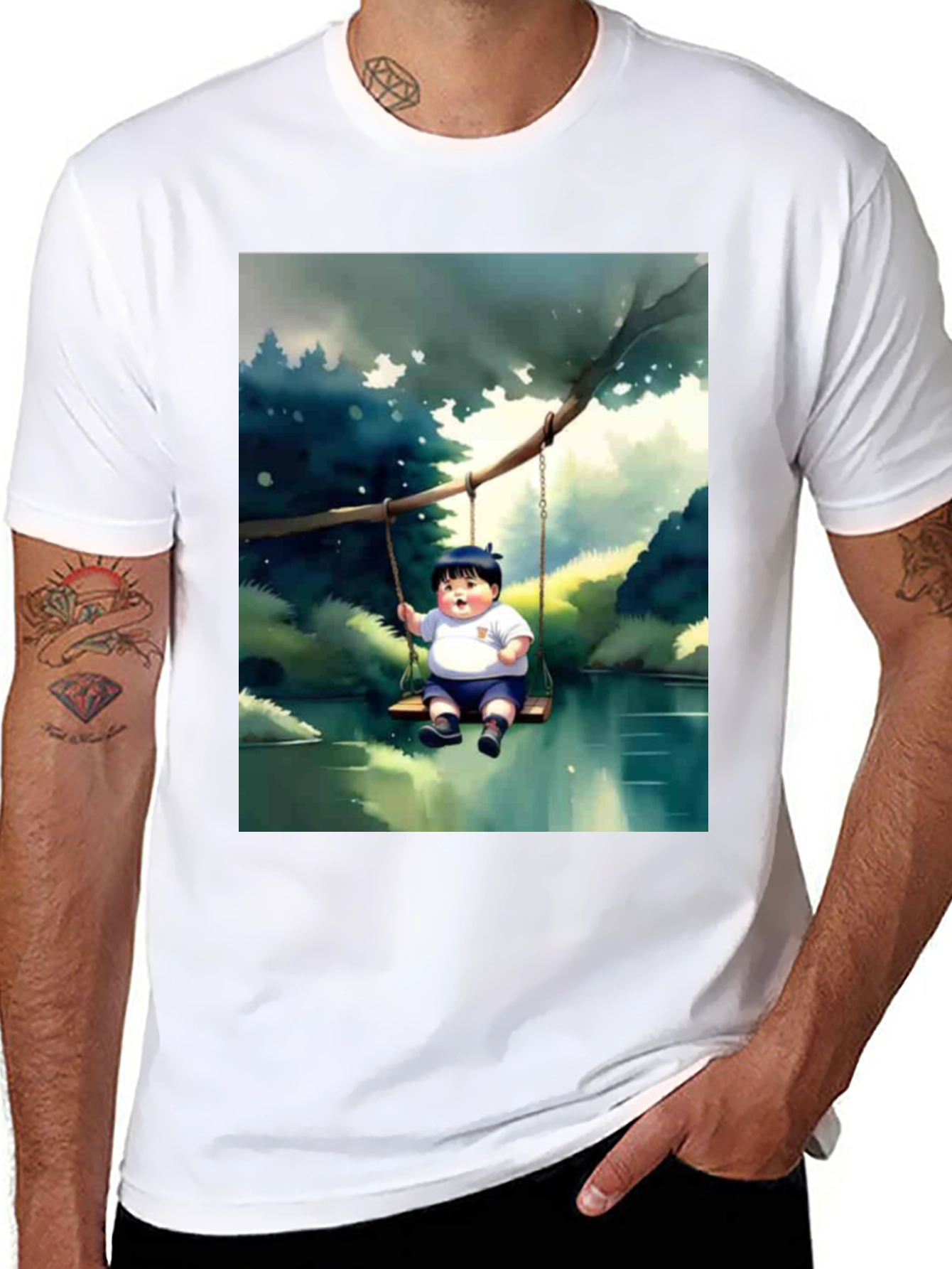 Cartoon Boy on Swing Graphic Tee - Black