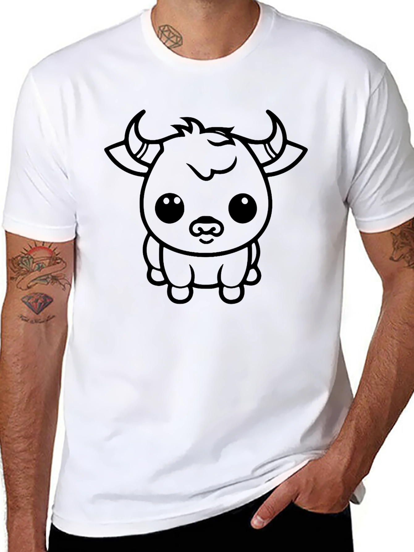 Cute Cartoon Bull Graphic Tee - Black