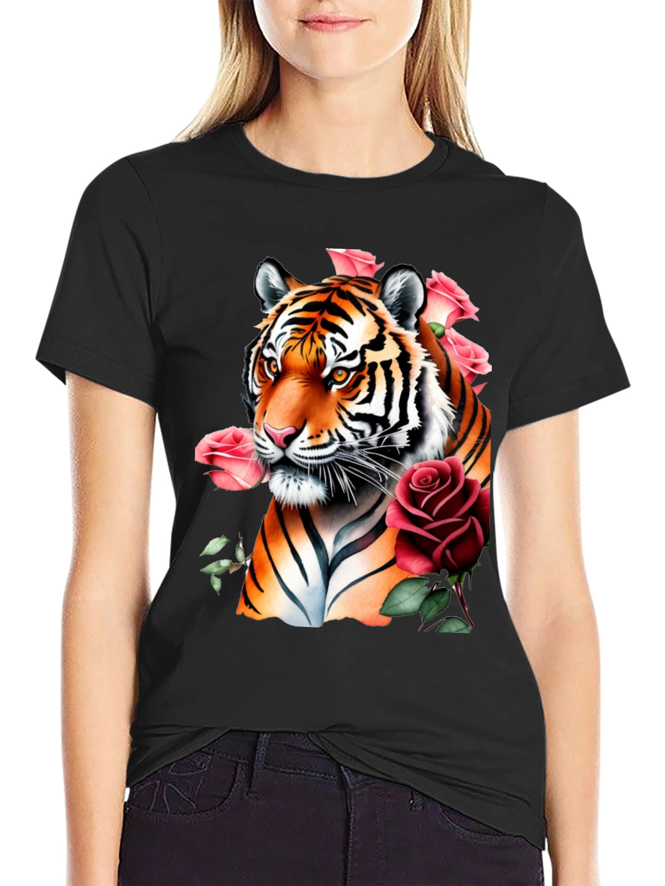 Tiger & Roses Graphic Print Black T-Shirt