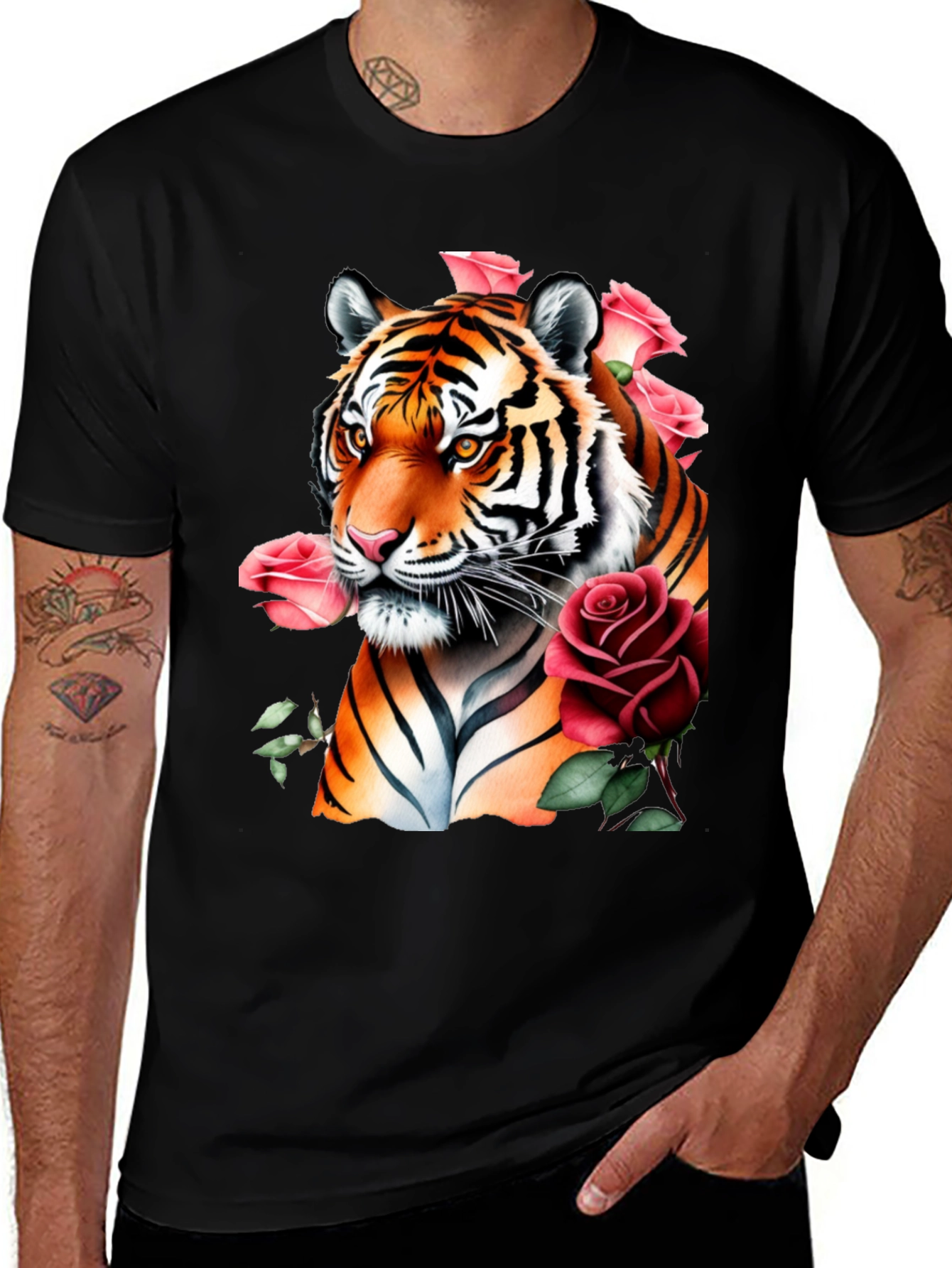 Tiger & Roses Graphic Print Black T-Shirt